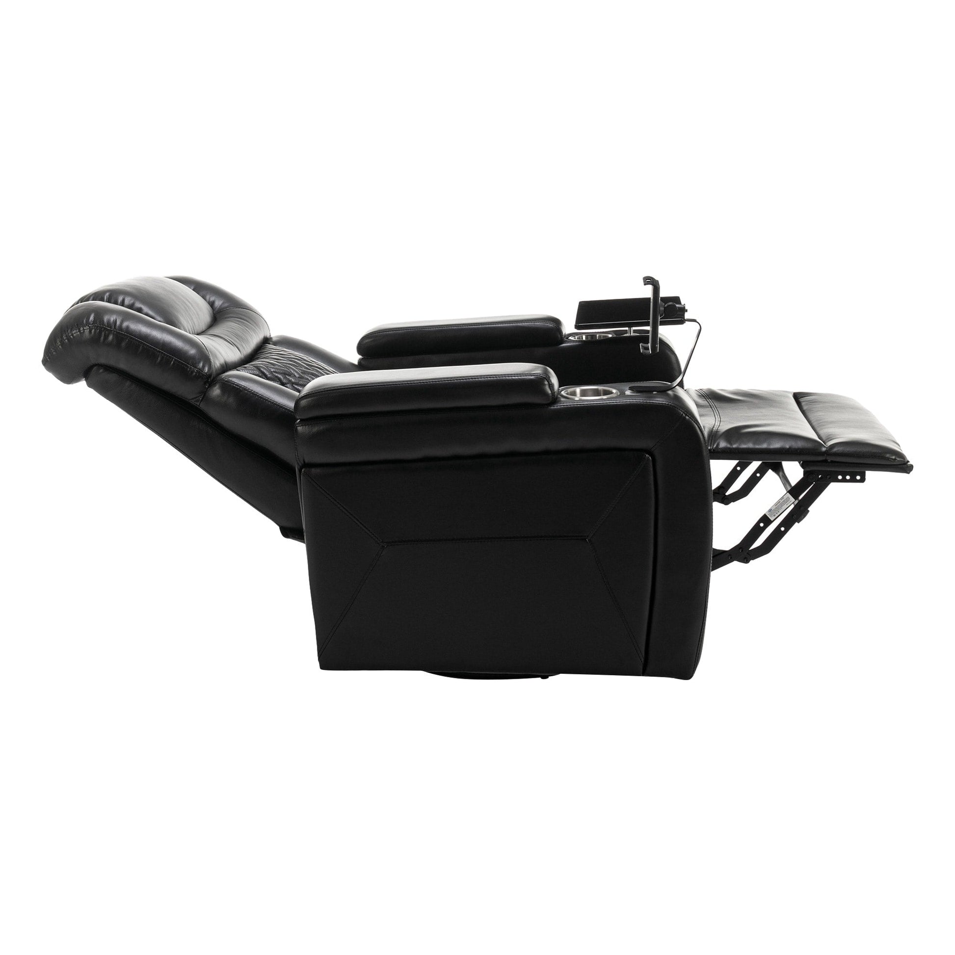 Fauteuil inclinable électrique en cuir PU pivotant à 270 degrés, siège individuel pour home cinéma avec dossier confortable et plateau.