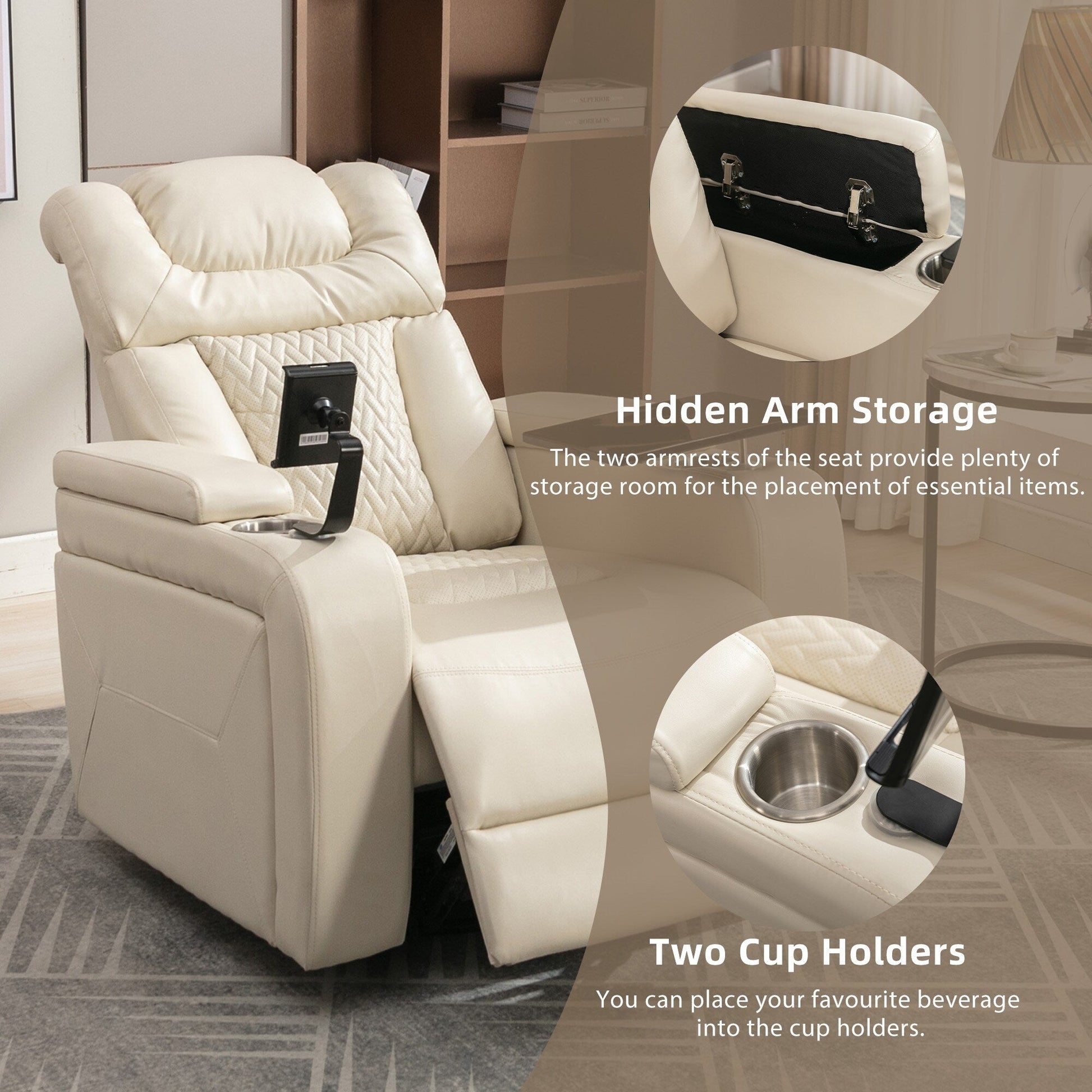 Fauteuil inclinable électrique en cuir PU pivotant à 270 degrés, siège individuel pour home cinéma avec dossier confortable et plateau.