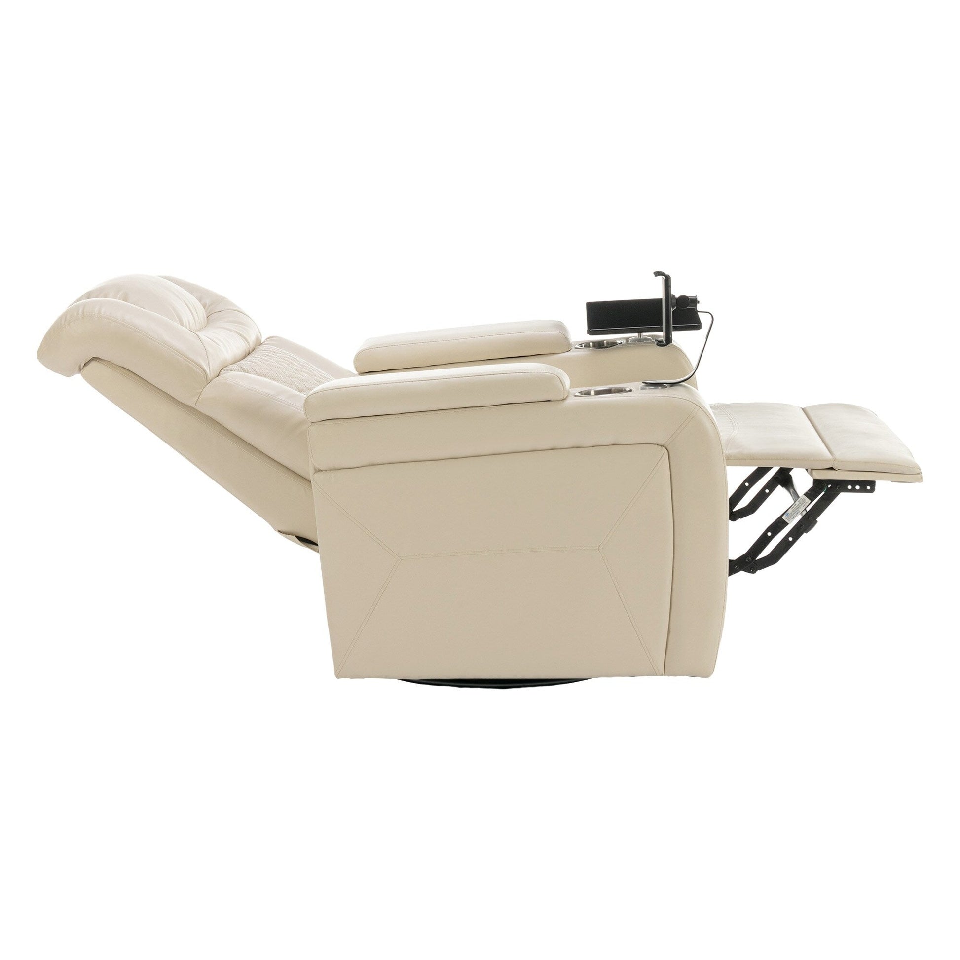 Fauteuil inclinable électrique en cuir PU pivotant à 270 degrés, siège individuel pour home cinéma avec dossier confortable et plateau.