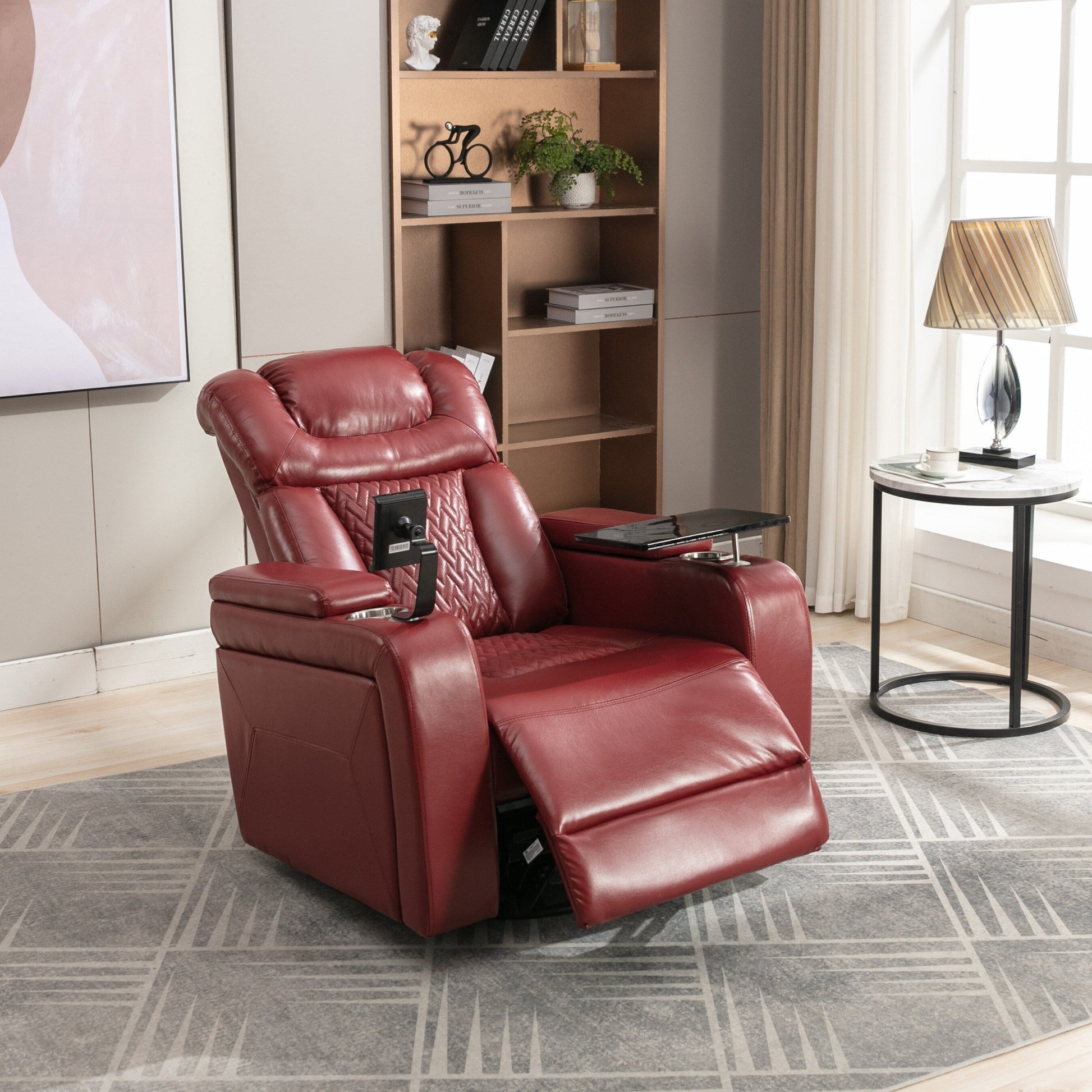 Fauteuil inclinable électrique en cuir PU pivotant à 270 degrés, siège individuel pour home cinéma avec dossier confortable et plateau.