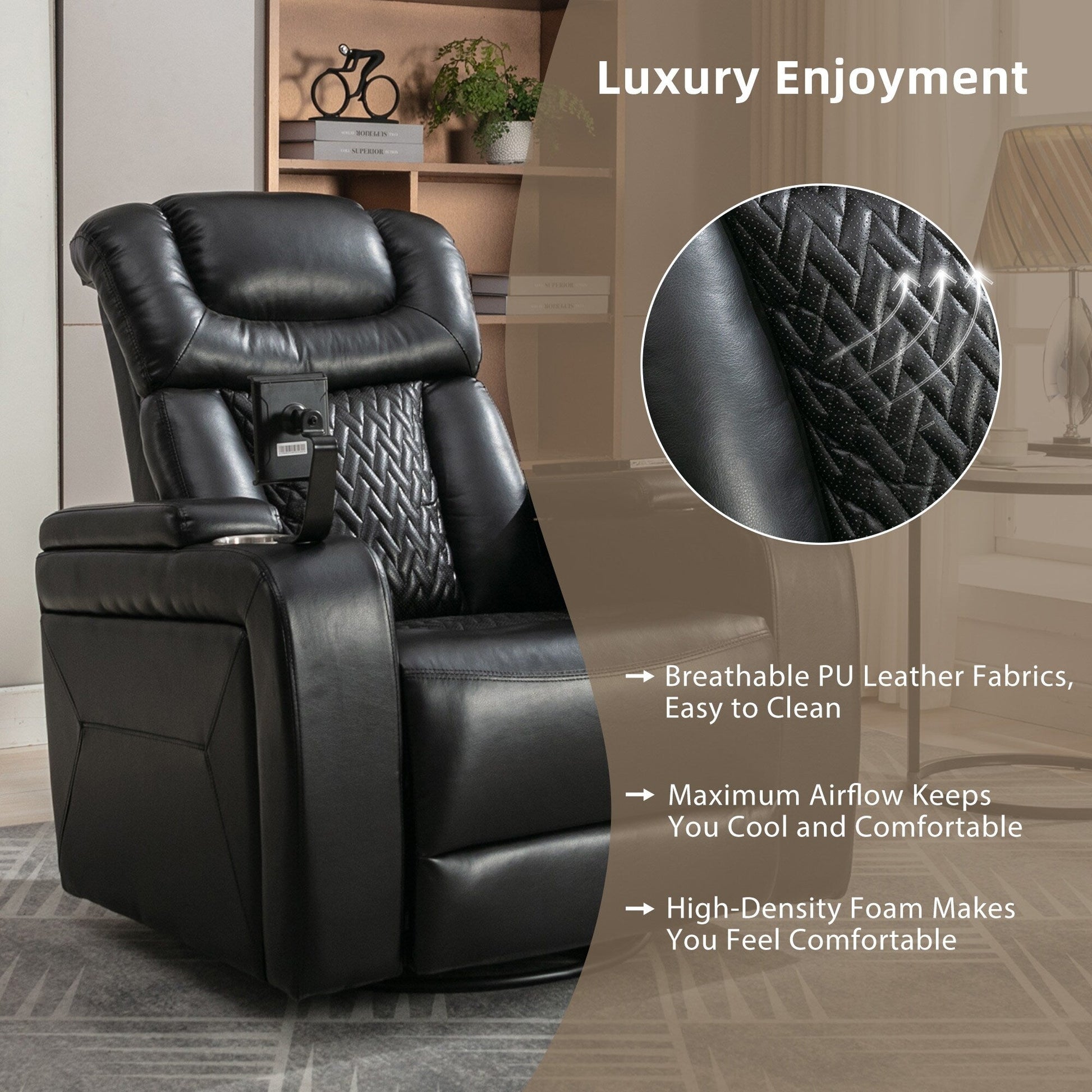 Fauteuil inclinable électrique en cuir PU pivotant à 270 degrés, siège individuel pour home cinéma avec dossier confortable et plateau.