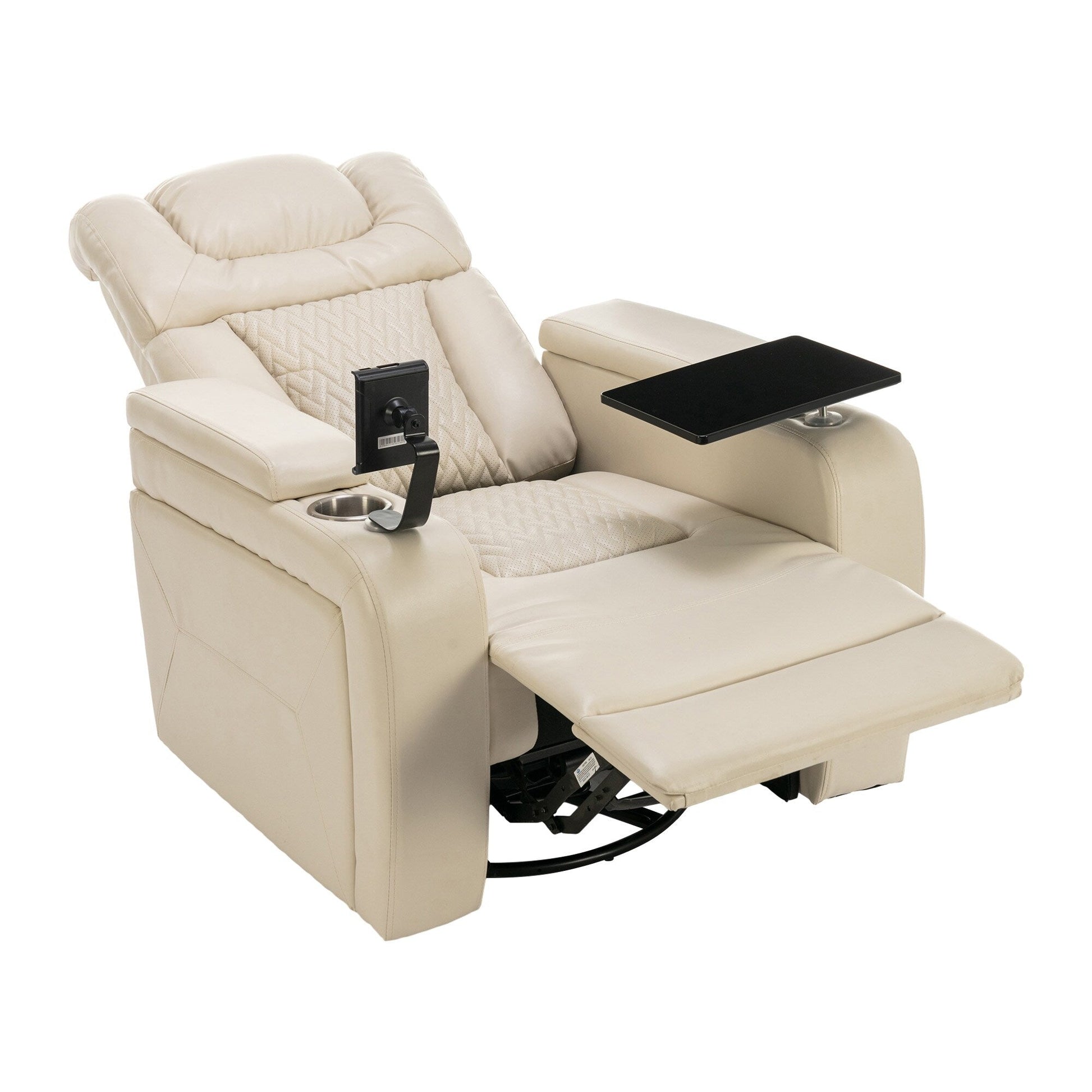 Fauteuil inclinable électrique en cuir PU pivotant à 270 degrés, siège individuel pour home cinéma avec dossier confortable et plateau.