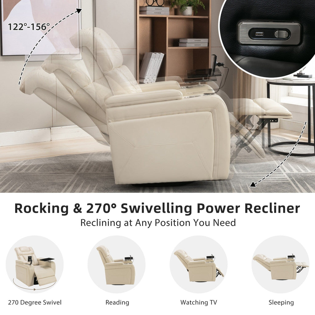 Fauteuil inclinable électrique en cuir PU pivotant à 270 degrés, siège individuel pour home cinéma avec dossier confortable et plateau.