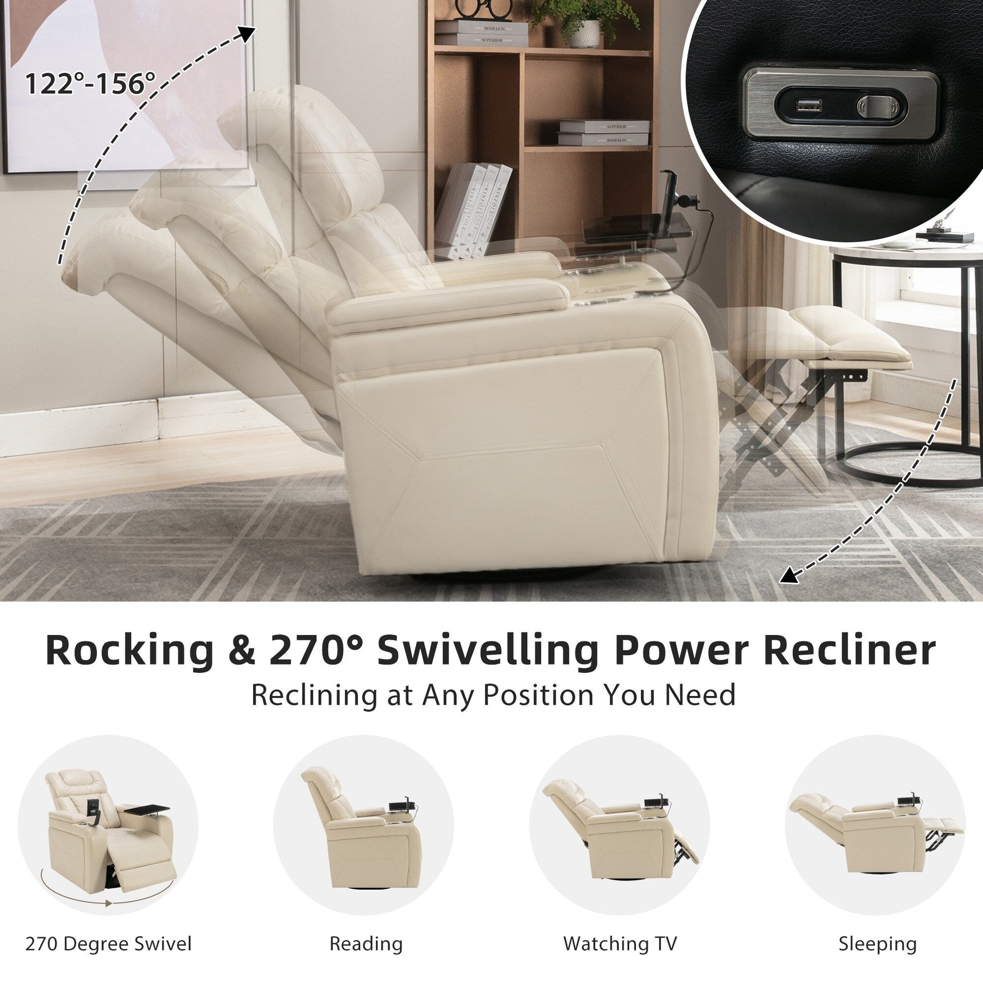 Fauteuil inclinable électrique en cuir PU pivotant à 270 degrés, siège individuel pour home cinéma avec dossier confortable et plateau.