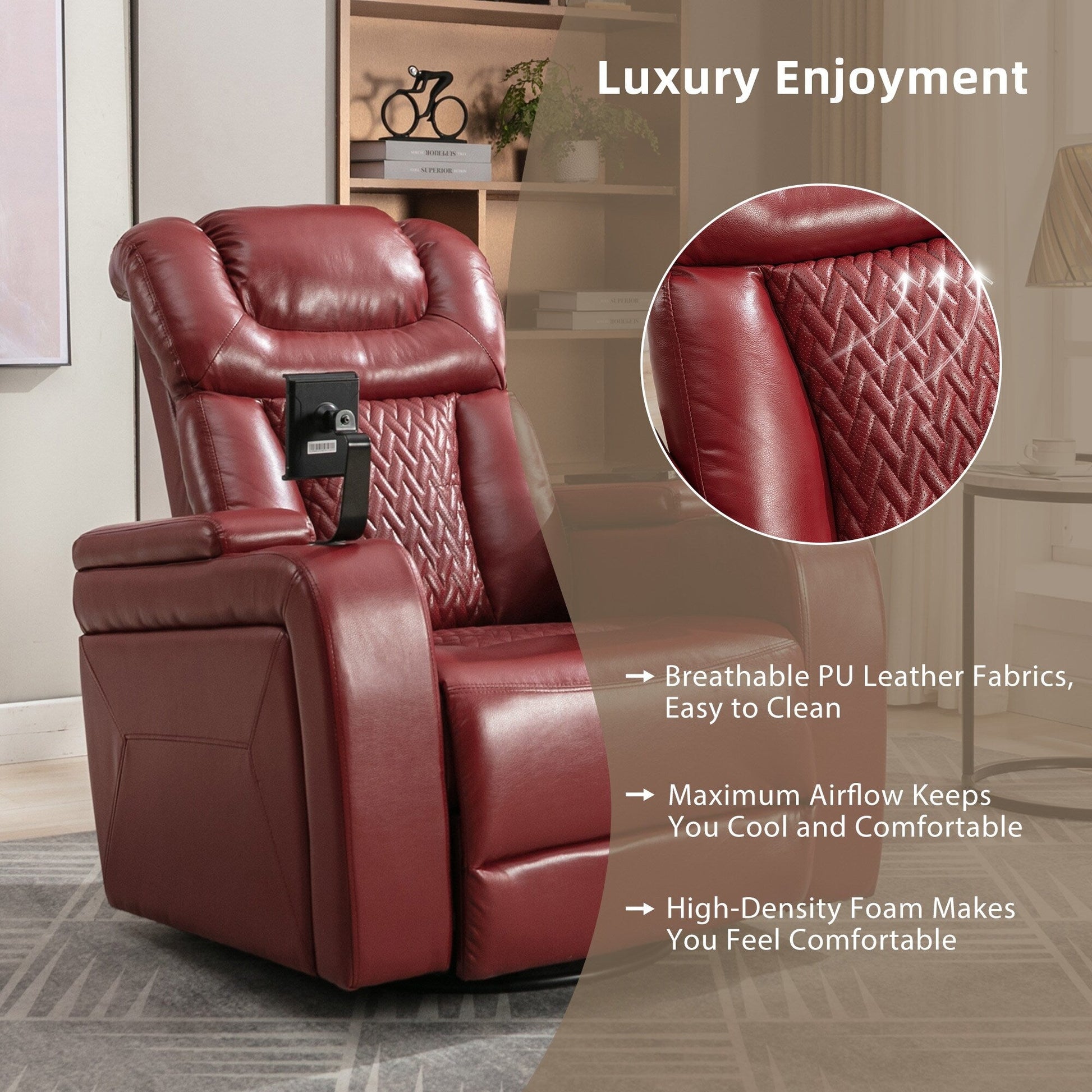 Fauteuil inclinable électrique en cuir PU pivotant à 270 degrés, siège individuel pour home cinéma avec dossier confortable et plateau.