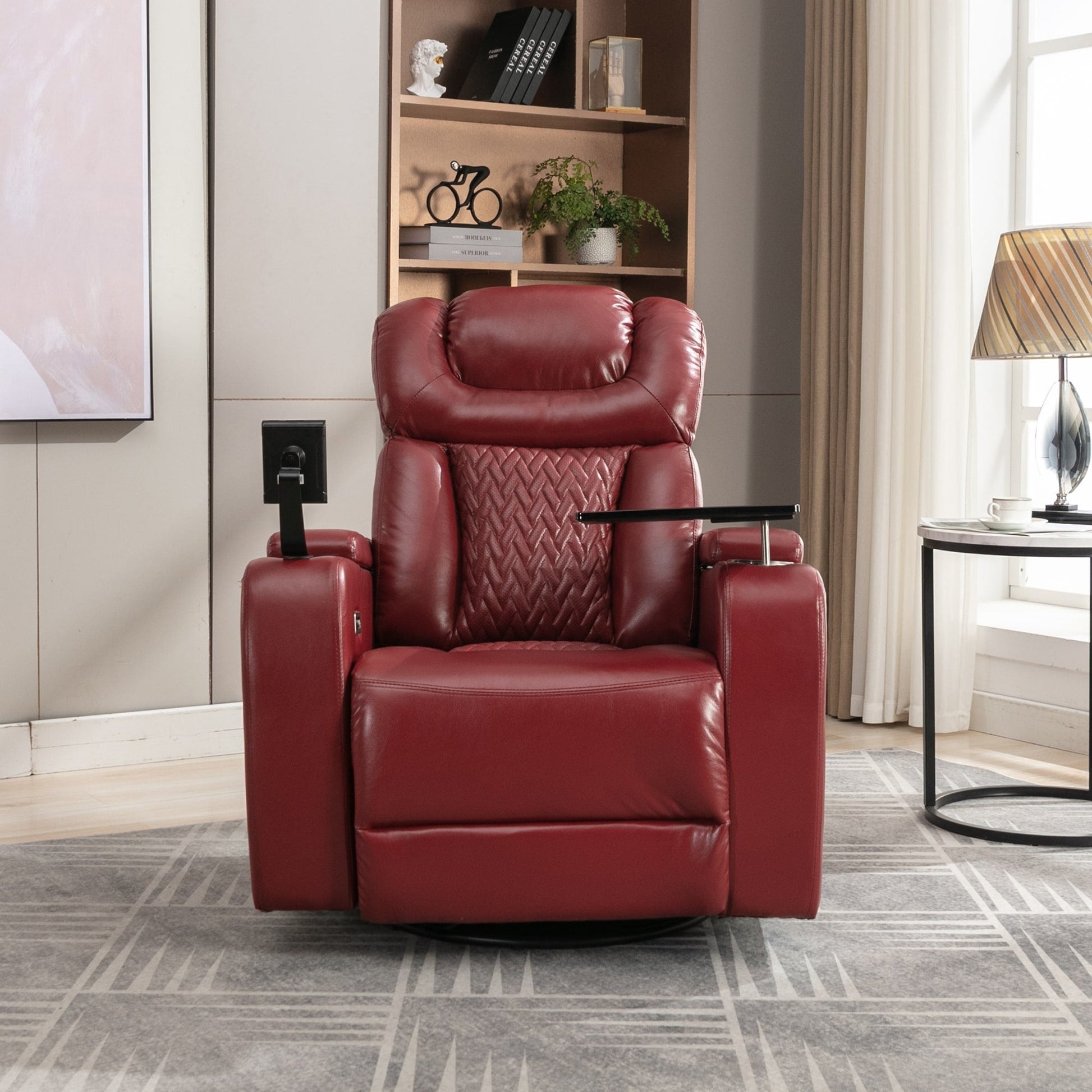 Fauteuil inclinable électrique en cuir PU pivotant à 270 degrés, siège individuel pour home cinéma avec dossier confortable et plateau.