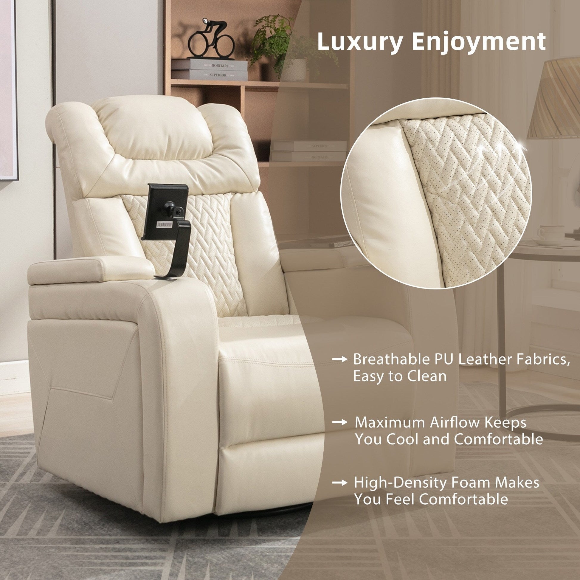 Fauteuil inclinable électrique en cuir PU pivotant à 270 degrés, siège individuel pour home cinéma avec dossier confortable et plateau.