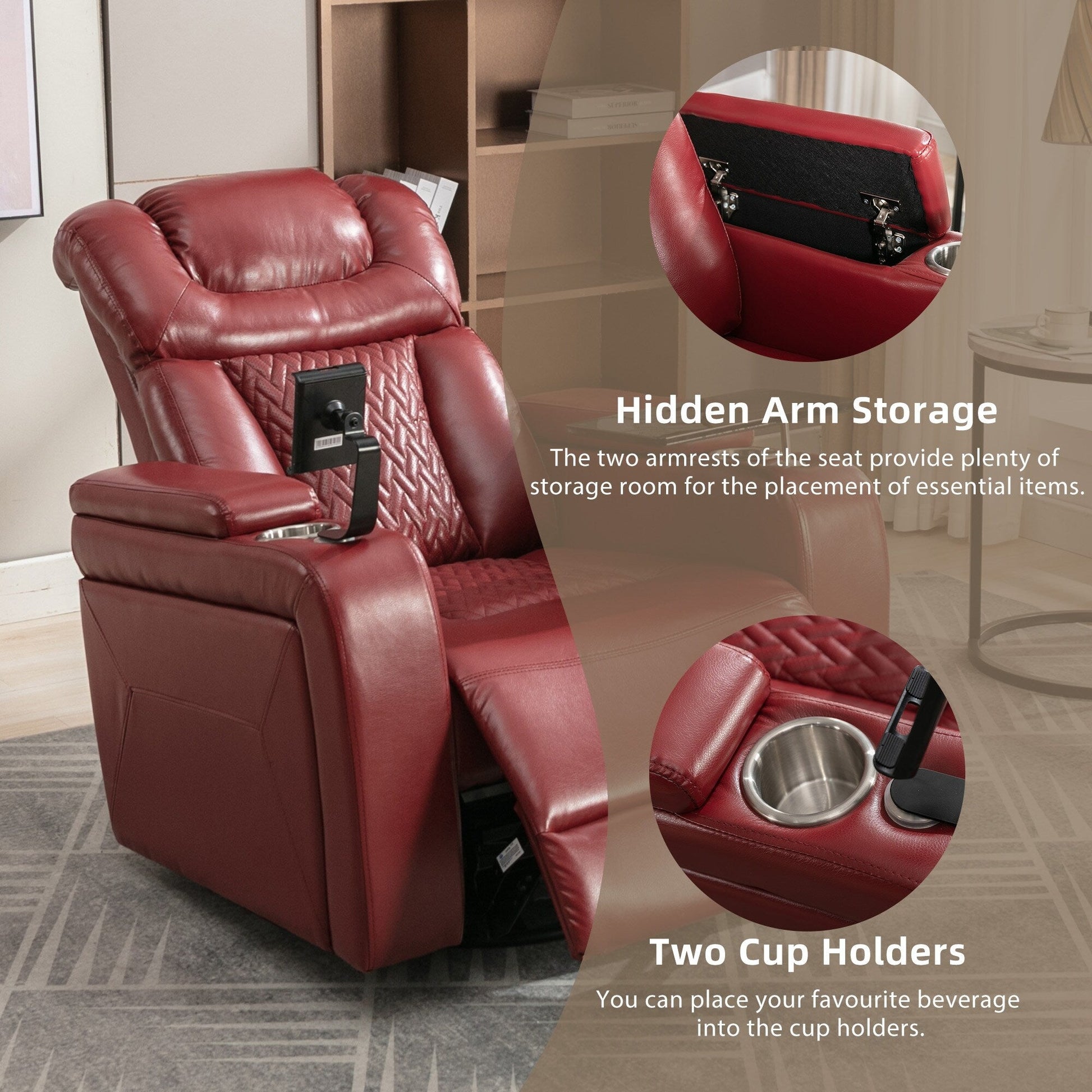Fauteuil inclinable électrique en cuir PU pivotant à 270 degrés, siège individuel pour home cinéma avec dossier confortable et plateau.