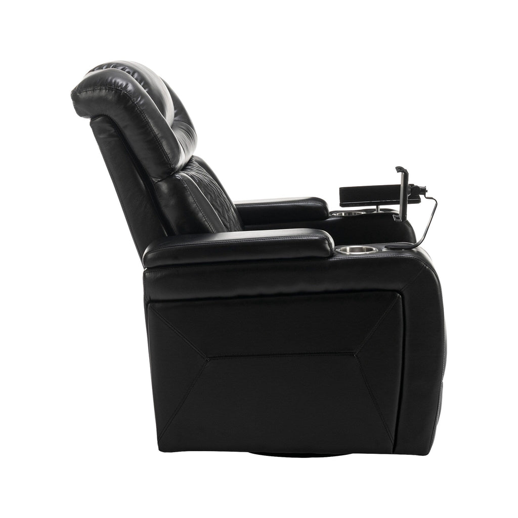 Fauteuil inclinable électrique en cuir PU pivotant à 270 degrés, siège individuel pour home cinéma avec dossier confortable et plateau.