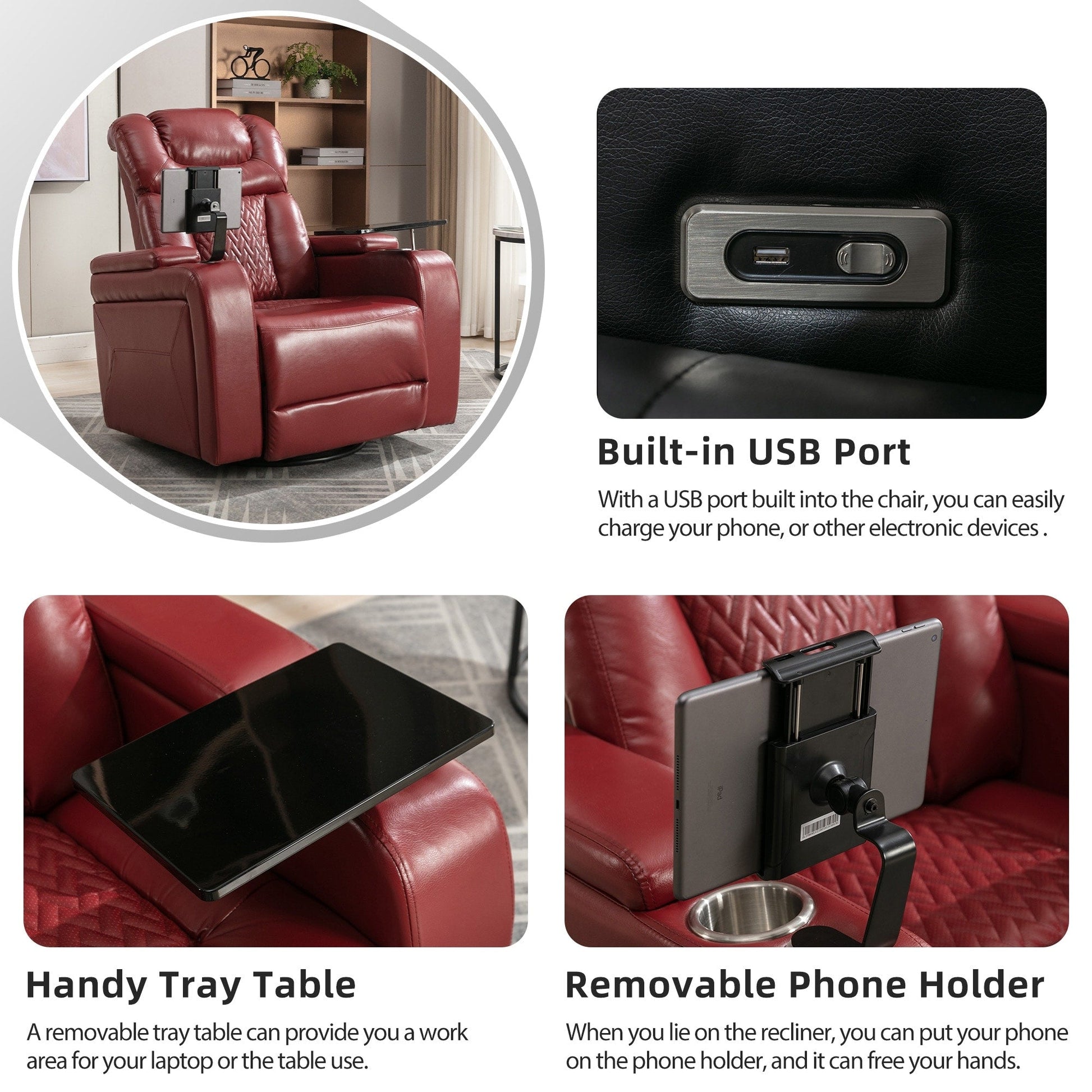 Fauteuil inclinable électrique en cuir PU pivotant à 270 degrés, siège individuel pour home cinéma avec dossier confortable et plateau.