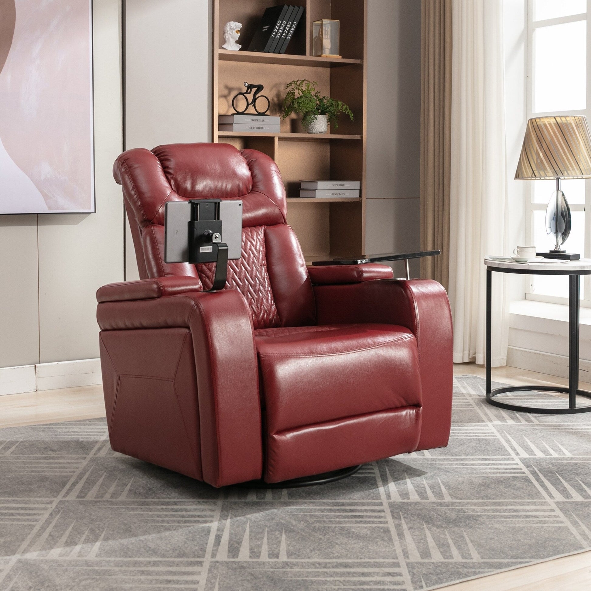 Fauteuil inclinable électrique en cuir PU pivotant à 270 degrés, siège individuel pour home cinéma avec dossier confortable et plateau.