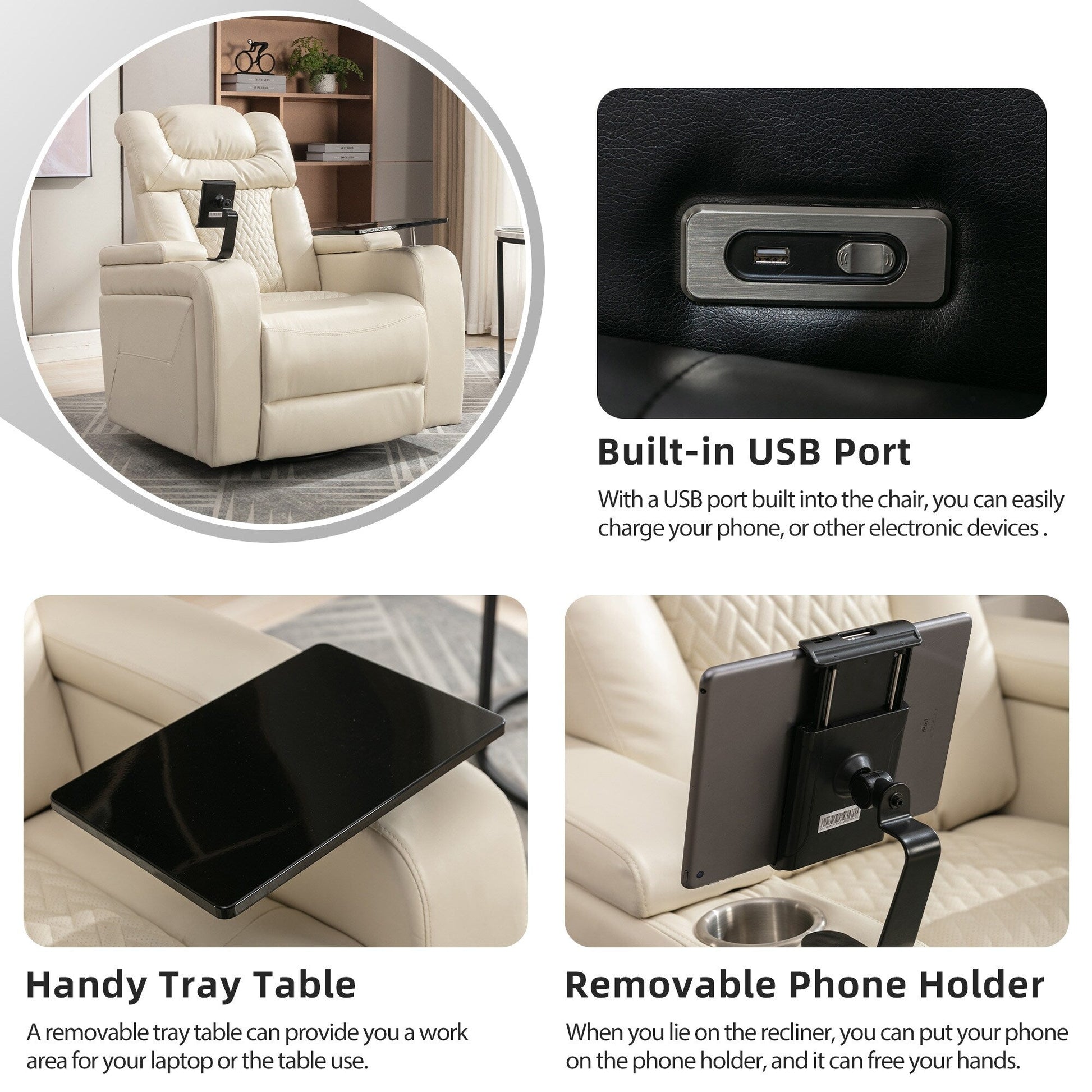 Fauteuil inclinable électrique en cuir PU pivotant à 270 degrés, siège individuel pour home cinéma avec dossier confortable et plateau.