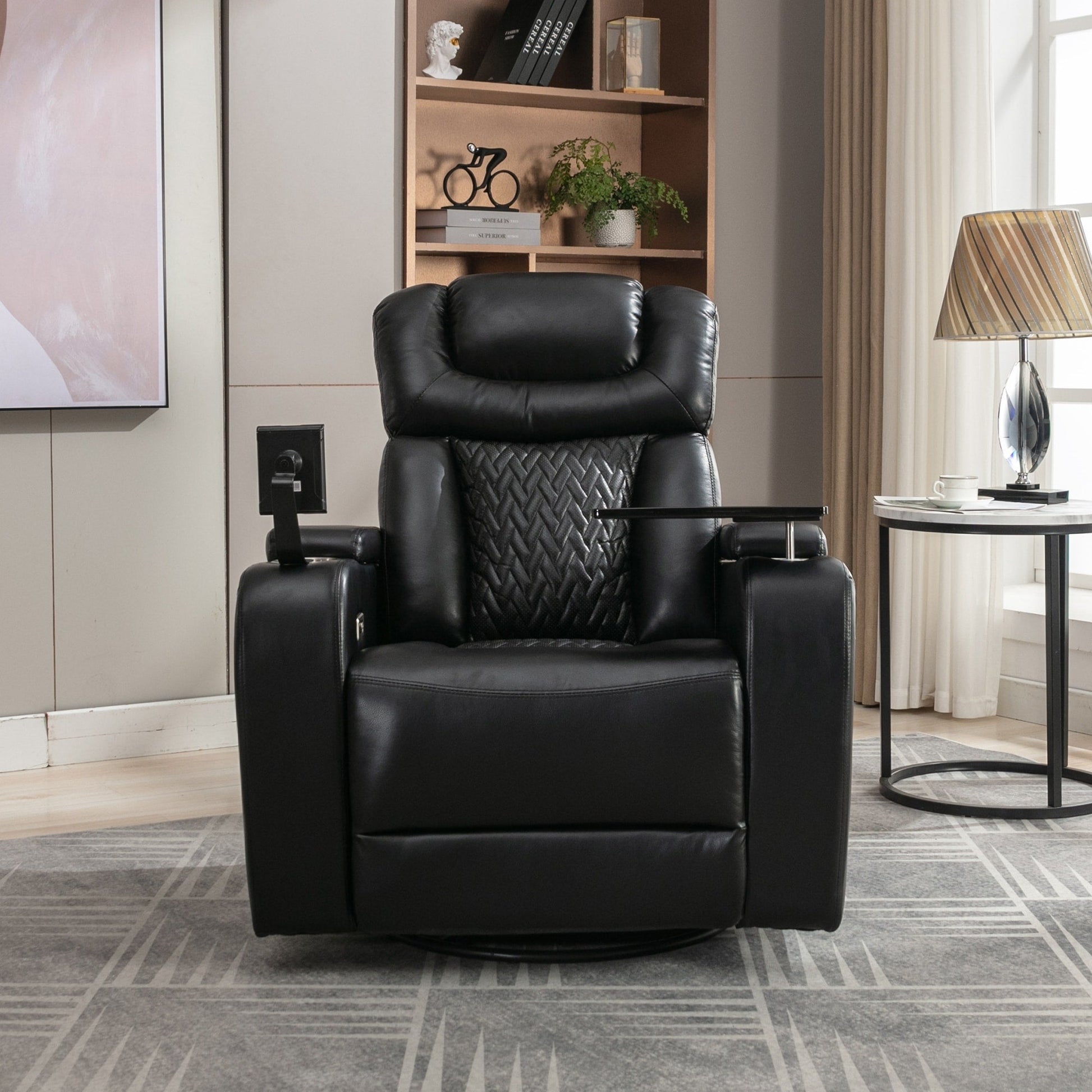 Fauteuil inclinable électrique en cuir PU pivotant à 270 degrés, siège individuel pour home cinéma avec dossier confortable et plateau.