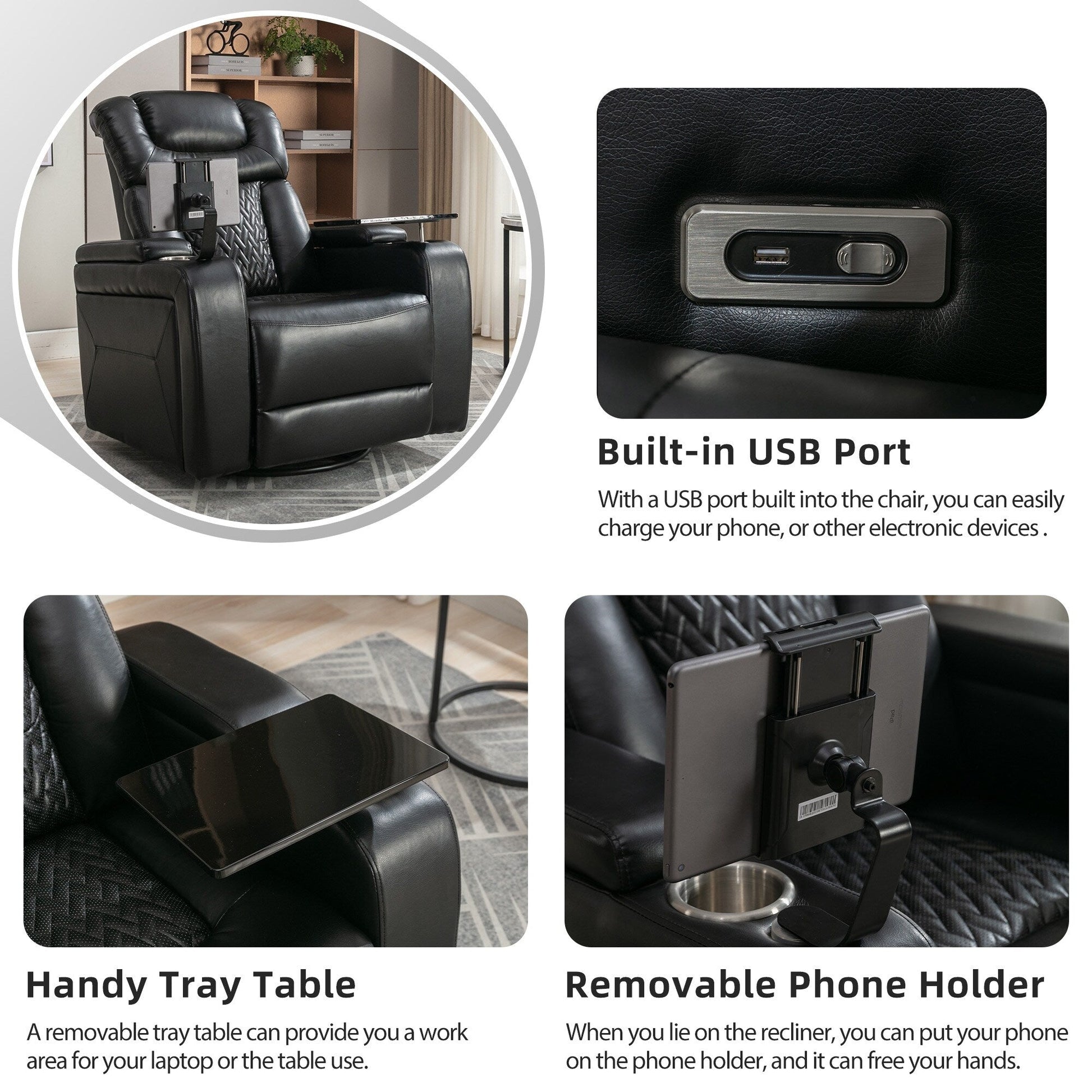 Fauteuil inclinable électrique en cuir PU pivotant à 270 degrés, siège individuel pour home cinéma avec dossier confortable et plateau.