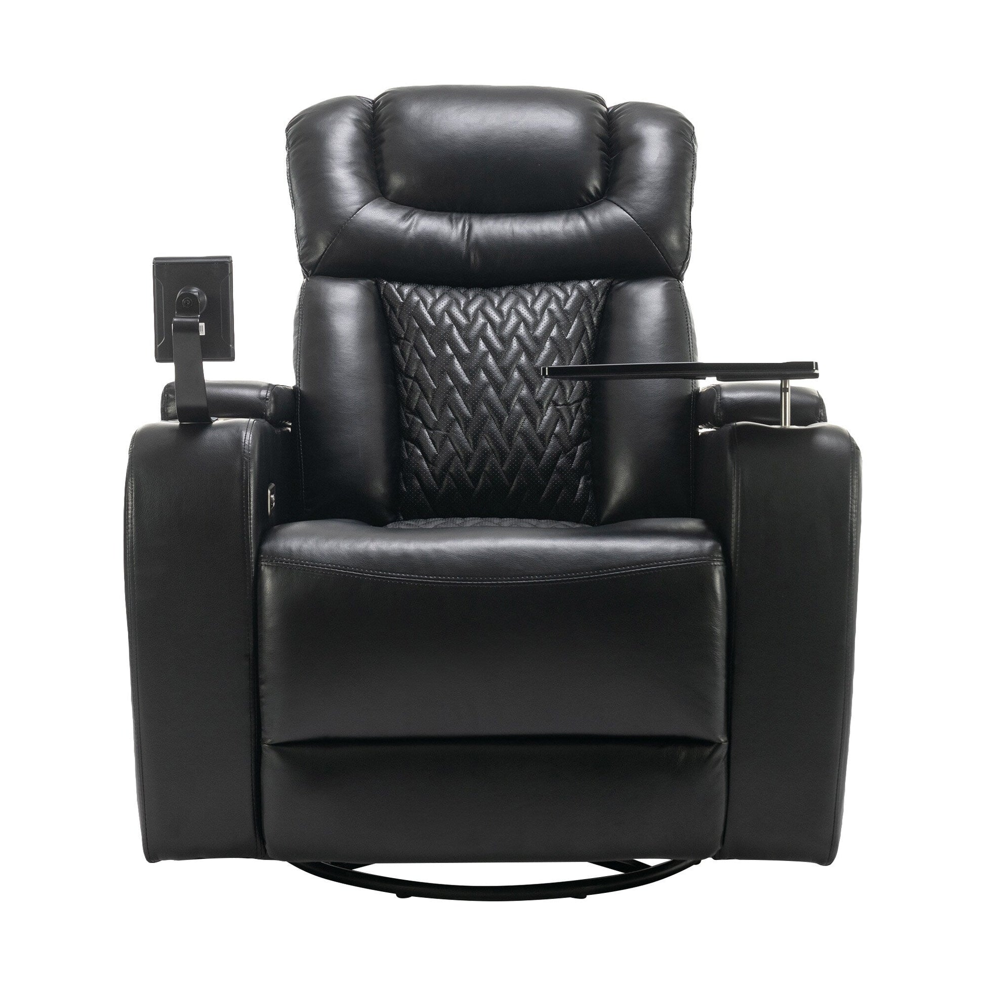 Fauteuil inclinable électrique en cuir PU pivotant à 270 degrés, siège individuel pour home cinéma avec dossier confortable et plateau.