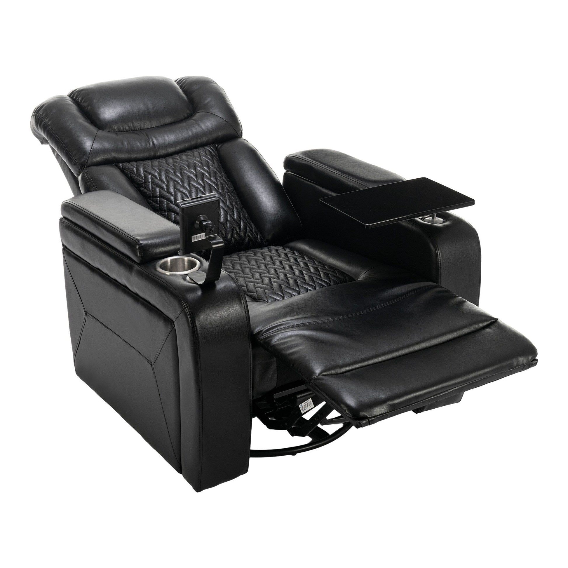 Fauteuil inclinable électrique en cuir PU pivotant à 270 degrés, siège individuel pour home cinéma avec dossier confortable et plateau.