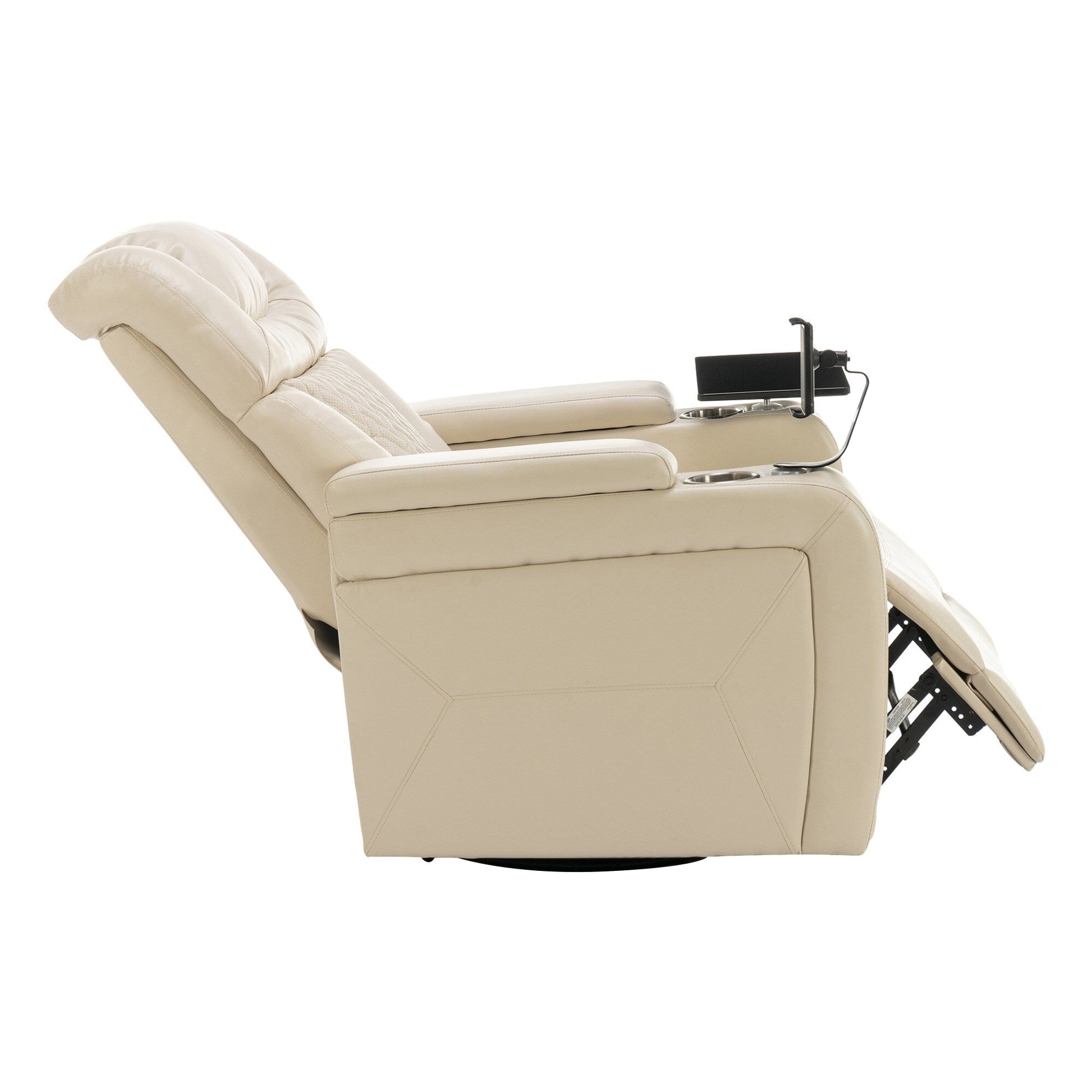 Fauteuil inclinable électrique en cuir PU pivotant à 270 degrés, siège individuel pour home cinéma avec dossier confortable et plateau.