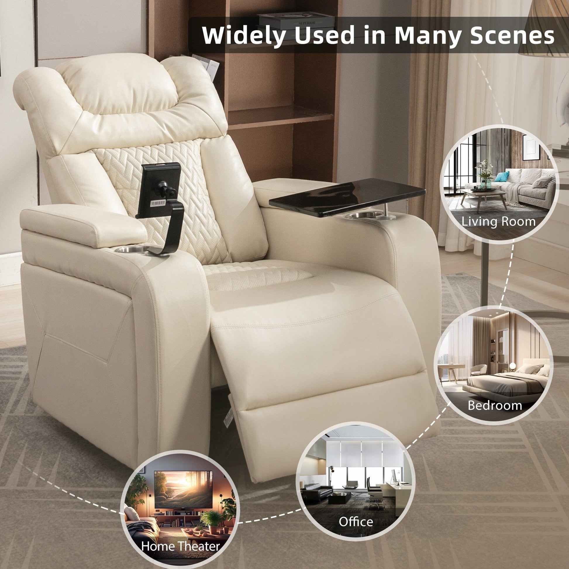Fauteuil inclinable électrique en cuir PU pivotant à 270 degrés, siège individuel pour home cinéma avec dossier confortable et plateau.