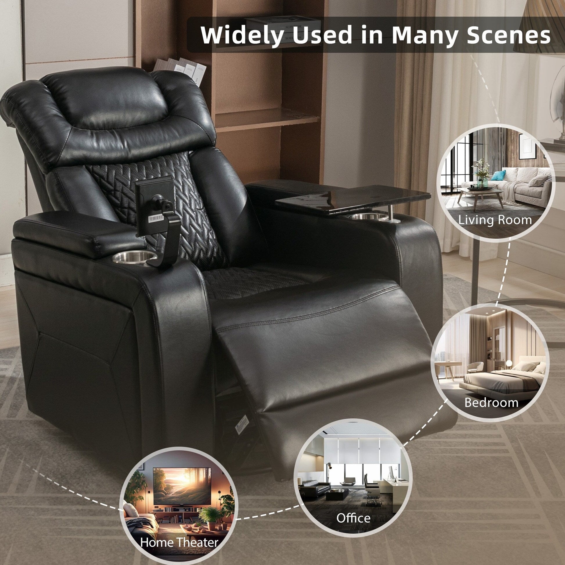 Fauteuil inclinable électrique en cuir PU pivotant à 270 degrés, siège individuel pour home cinéma avec dossier confortable et plateau.
