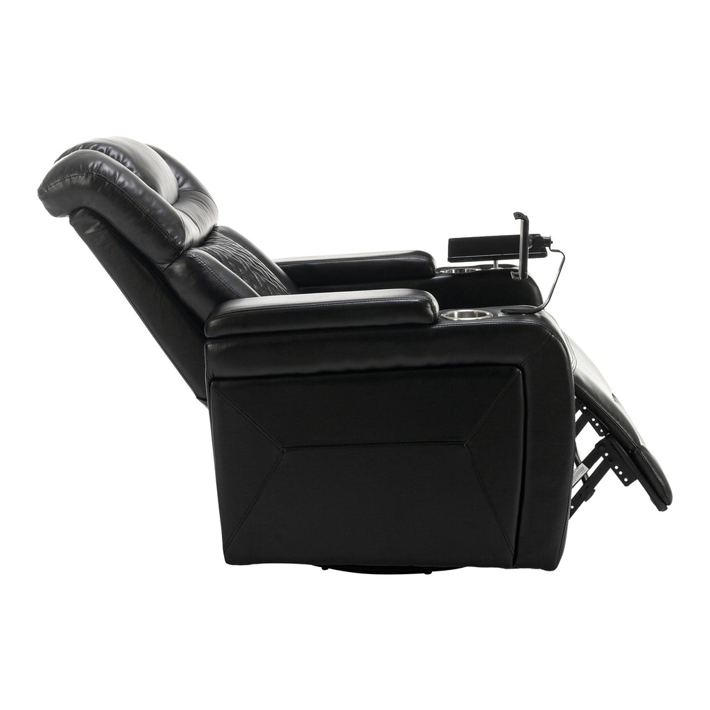 Fauteuil inclinable électrique en cuir PU pivotant à 270 degrés, siège individuel pour home cinéma avec dossier confortable et plateau.
