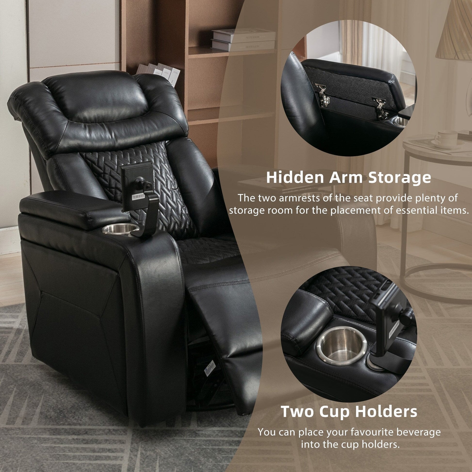 Fauteuil inclinable électrique en cuir PU pivotant à 270 degrés, siège individuel pour home cinéma avec dossier confortable et plateau.