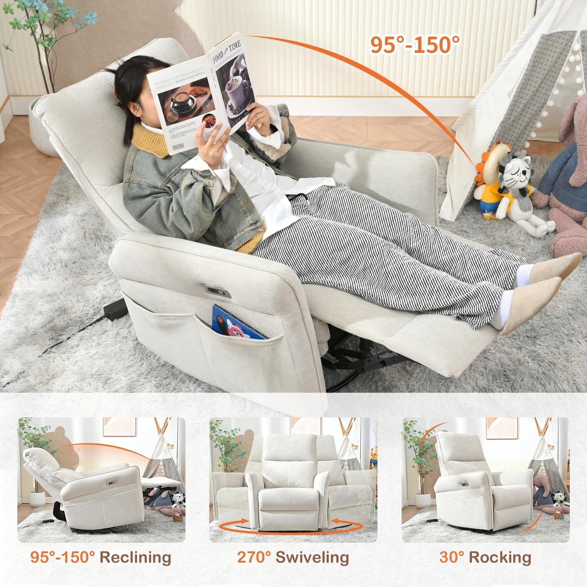 Fauteuil inclinable pivotant et basculant à commande électrique à 270° pour adultes, fauteuil pivotant et basculant, petit fauteuil inclinable électrique