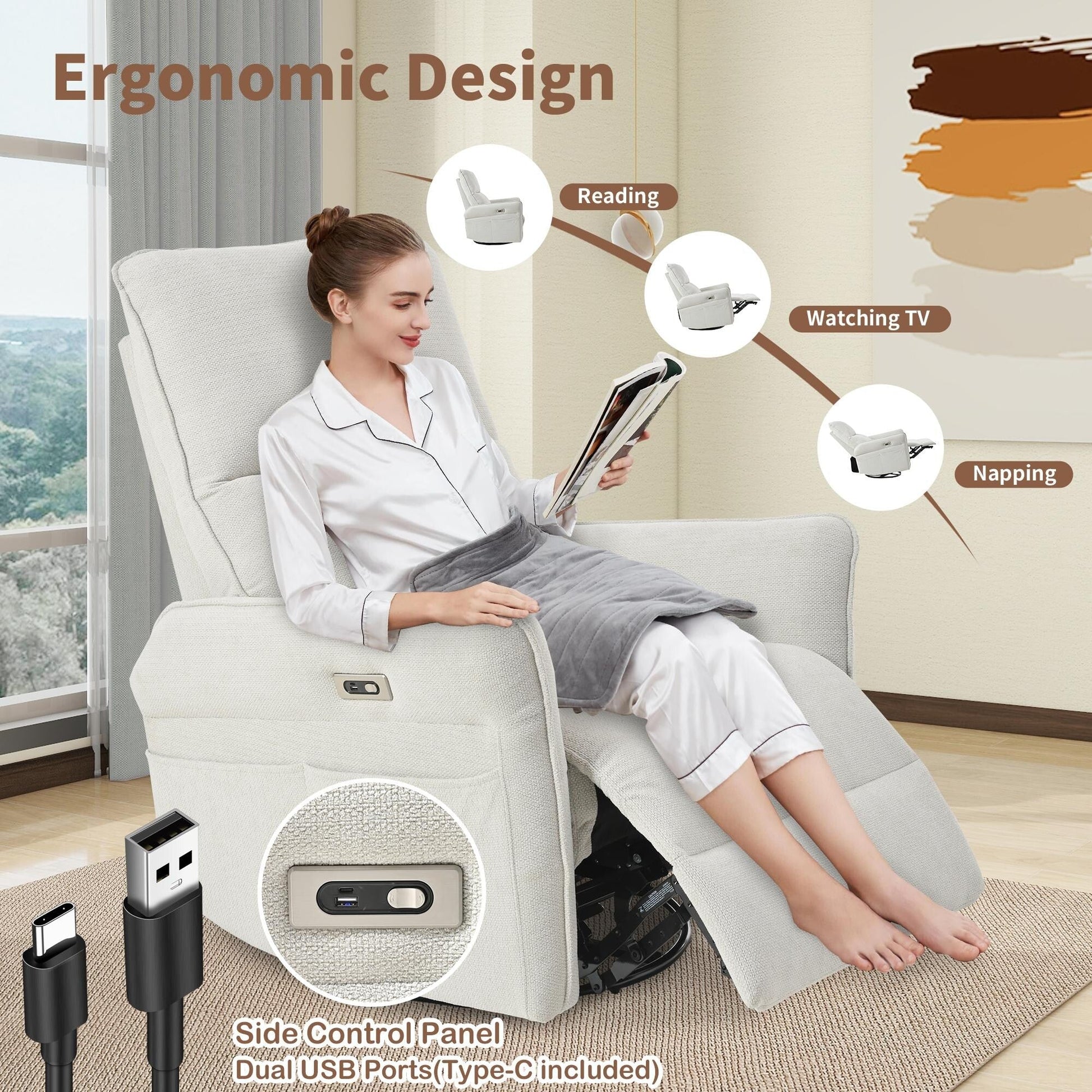 Fauteuil inclinable pivotant et basculant à commande électrique à 270° pour adultes, fauteuil pivotant et basculant, petit fauteuil inclinable électrique