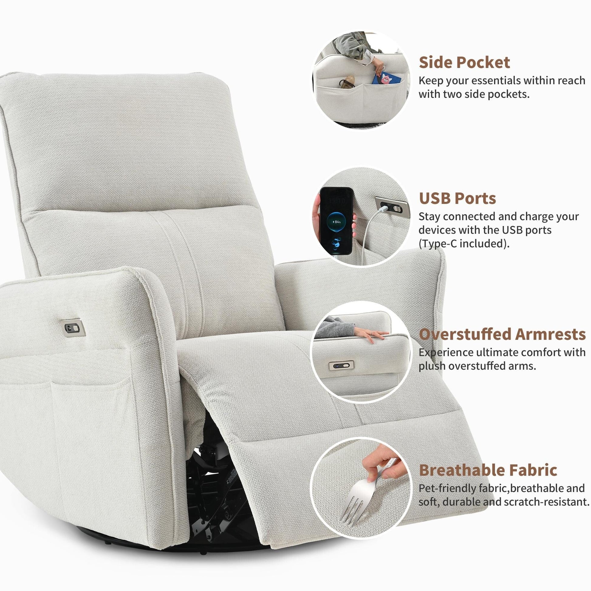 Fauteuil inclinable pivotant et basculant à commande électrique à 270° pour adultes, fauteuil pivotant et basculant, petit fauteuil inclinable électrique