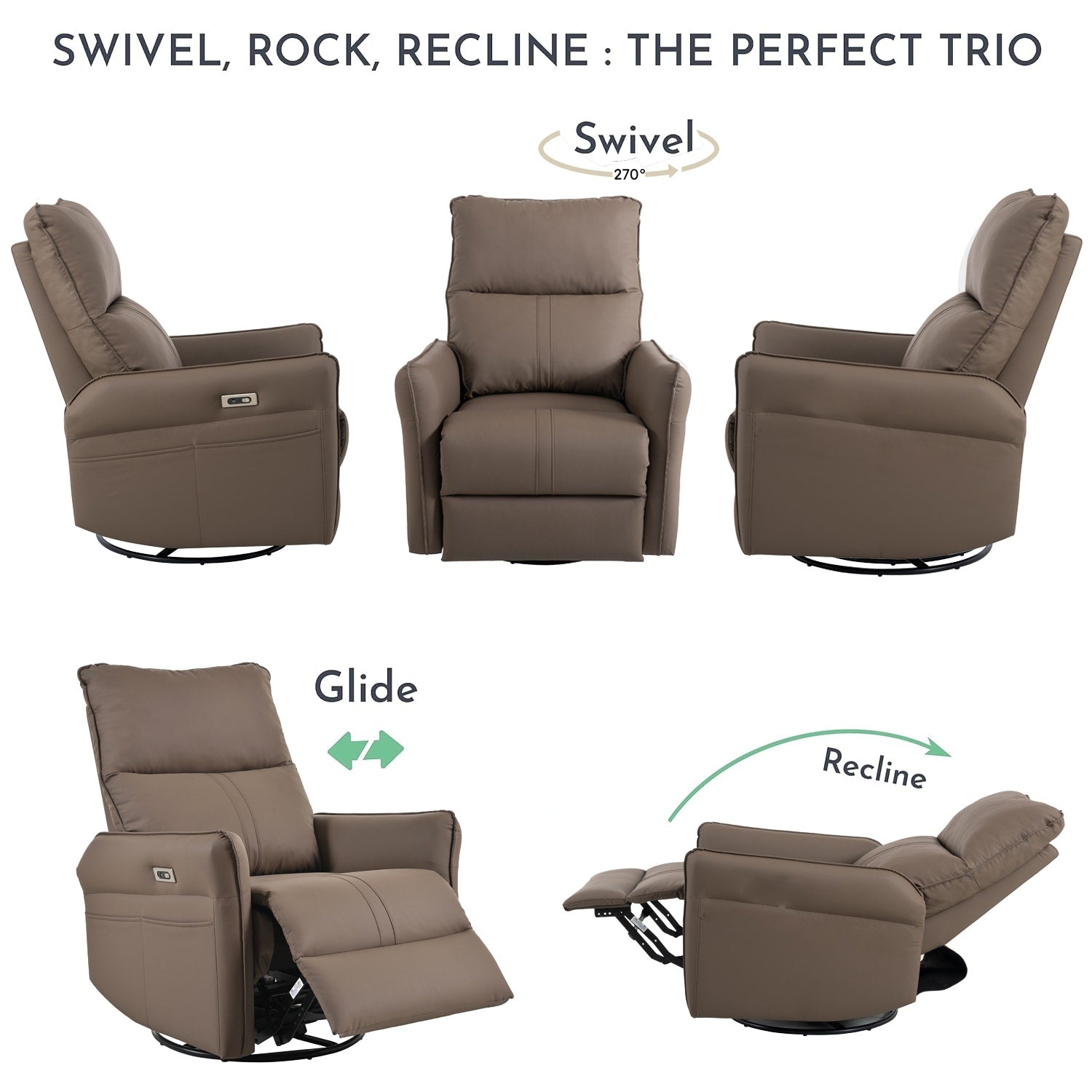 Fauteuil inclinable pivotant à 270°, canapé inclinable électrique à balancement avec ports USB
