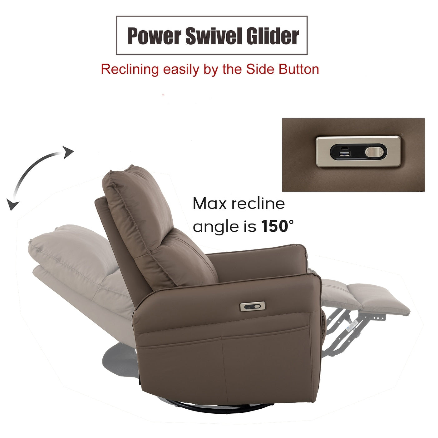 Fauteuil inclinable pivotant à 270°, canapé inclinable électrique à balancement avec ports USB