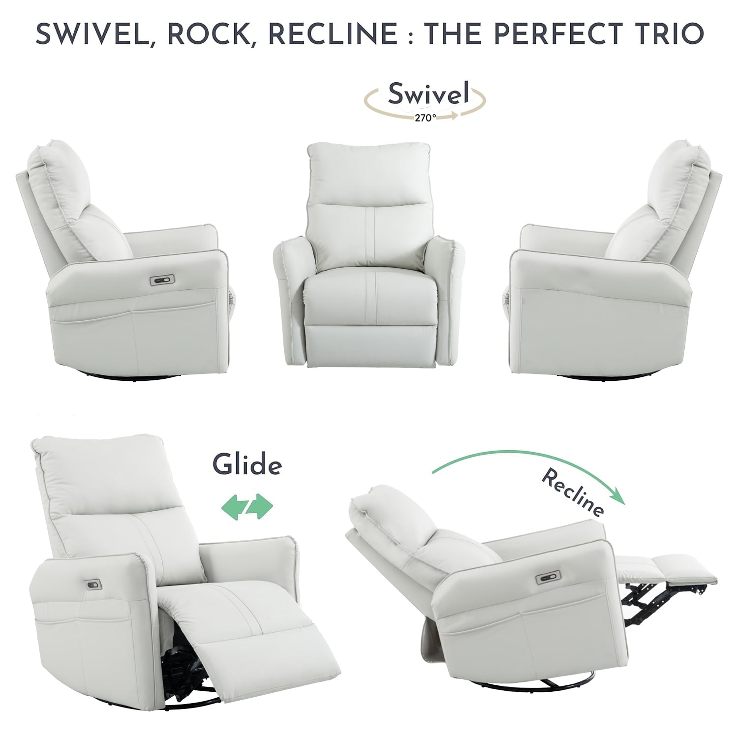 Fauteuil inclinable pivotant à 270°, canapé inclinable électrique à balancement avec ports USB