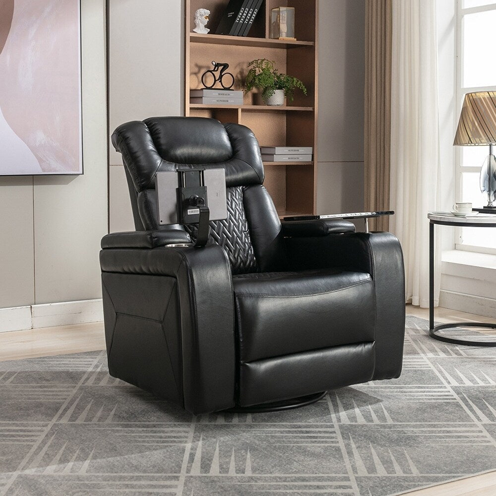 Fauteuil inclinable pivotant à 270°, siège multimédia avec plateau multi-usages et rangement.