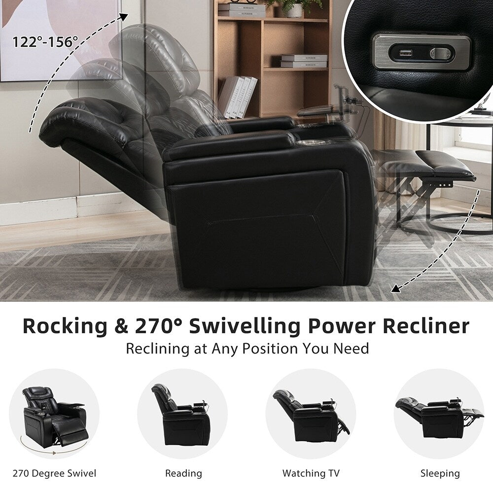 Fauteuil inclinable pivotant à 270°, siège multimédia avec plateau multi-usages et rangement.