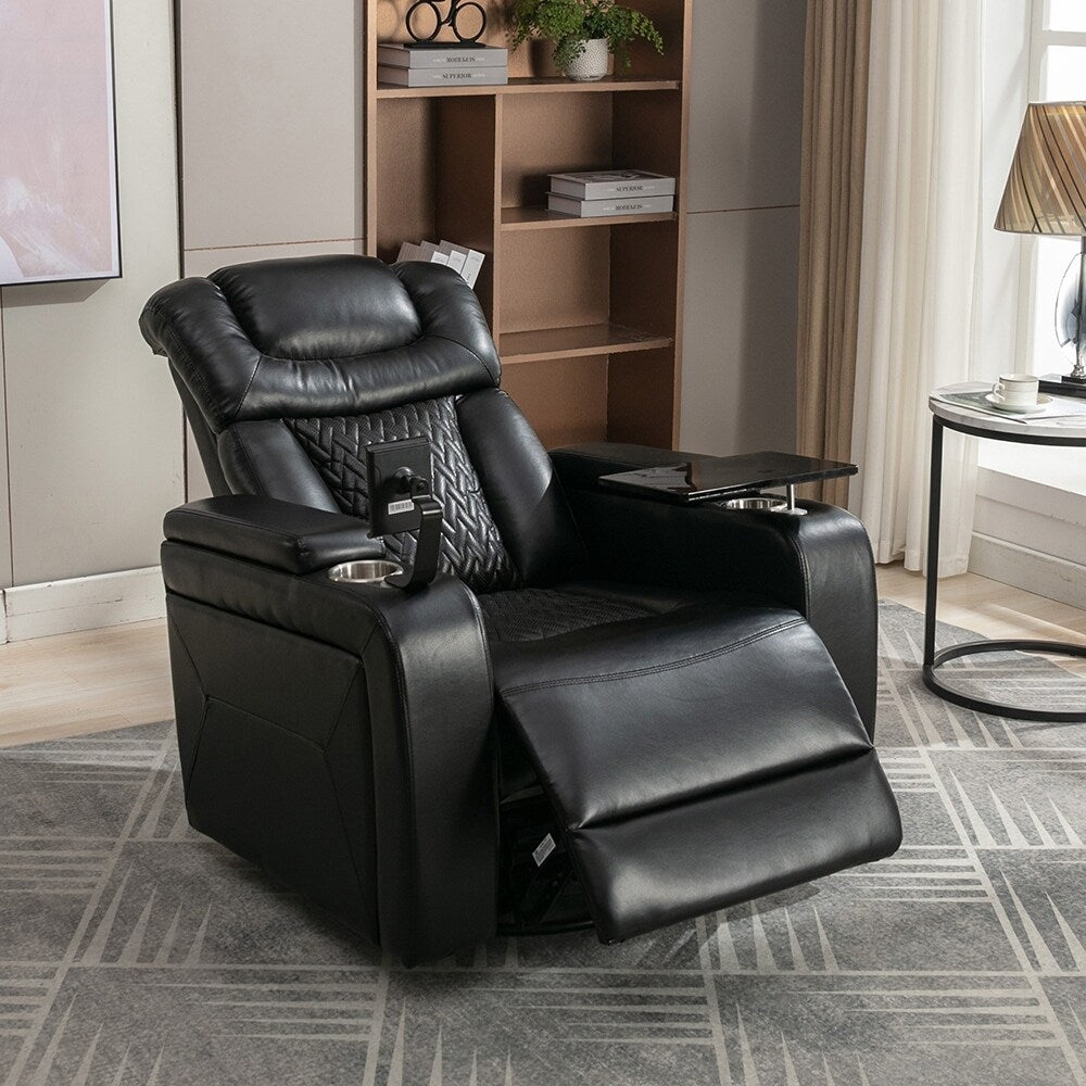 Fauteuil inclinable pivotant à 270°, siège multimédia avec plateau multi-usages et rangement.