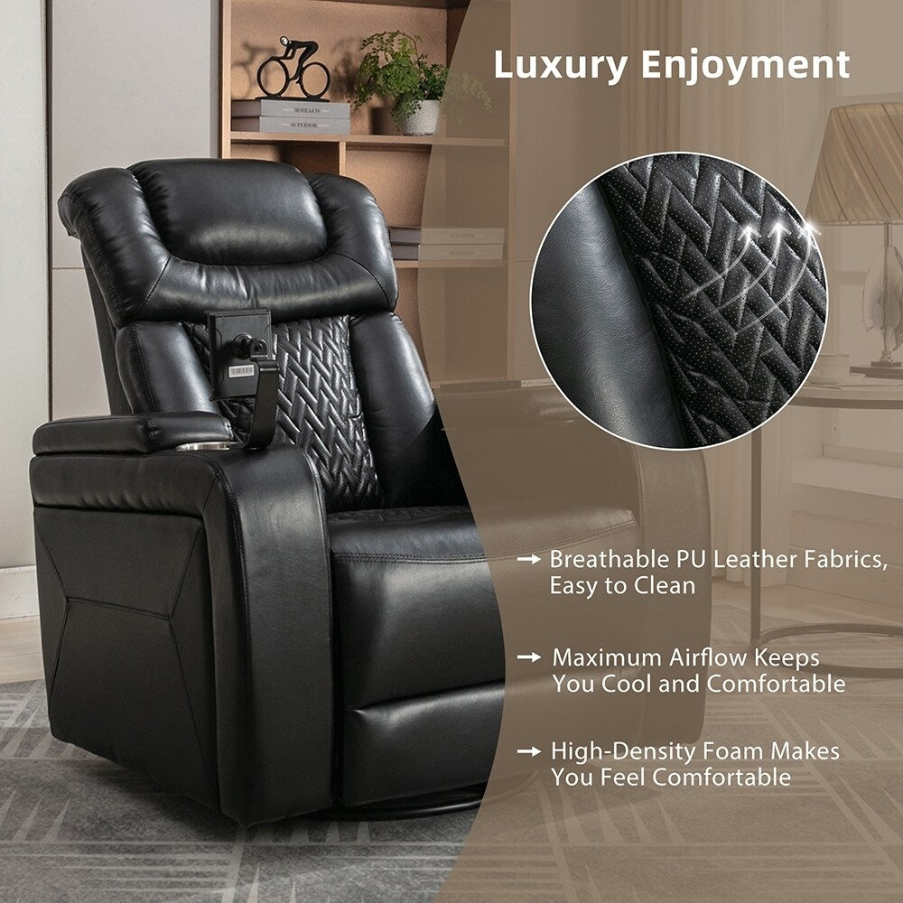 Fauteuil inclinable pivotant à 270°, siège multimédia avec plateau multi-usages et rangement.