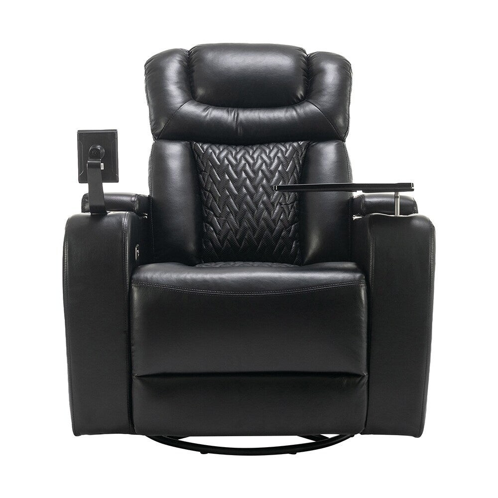 Fauteuil inclinable pivotant à 270°, siège multimédia avec plateau multi-usages et rangement.