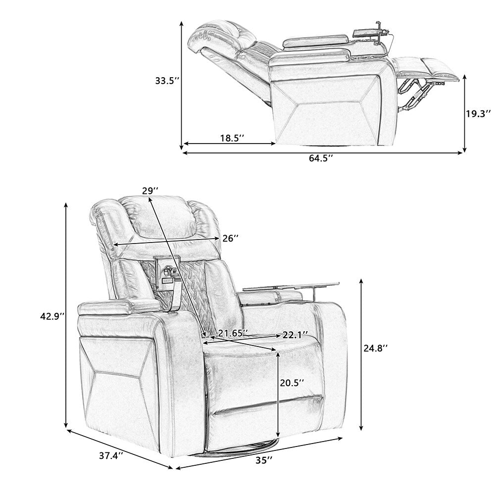 Fauteuil inclinable pivotant à 270°, siège multimédia avec plateau multi-usages et rangement.