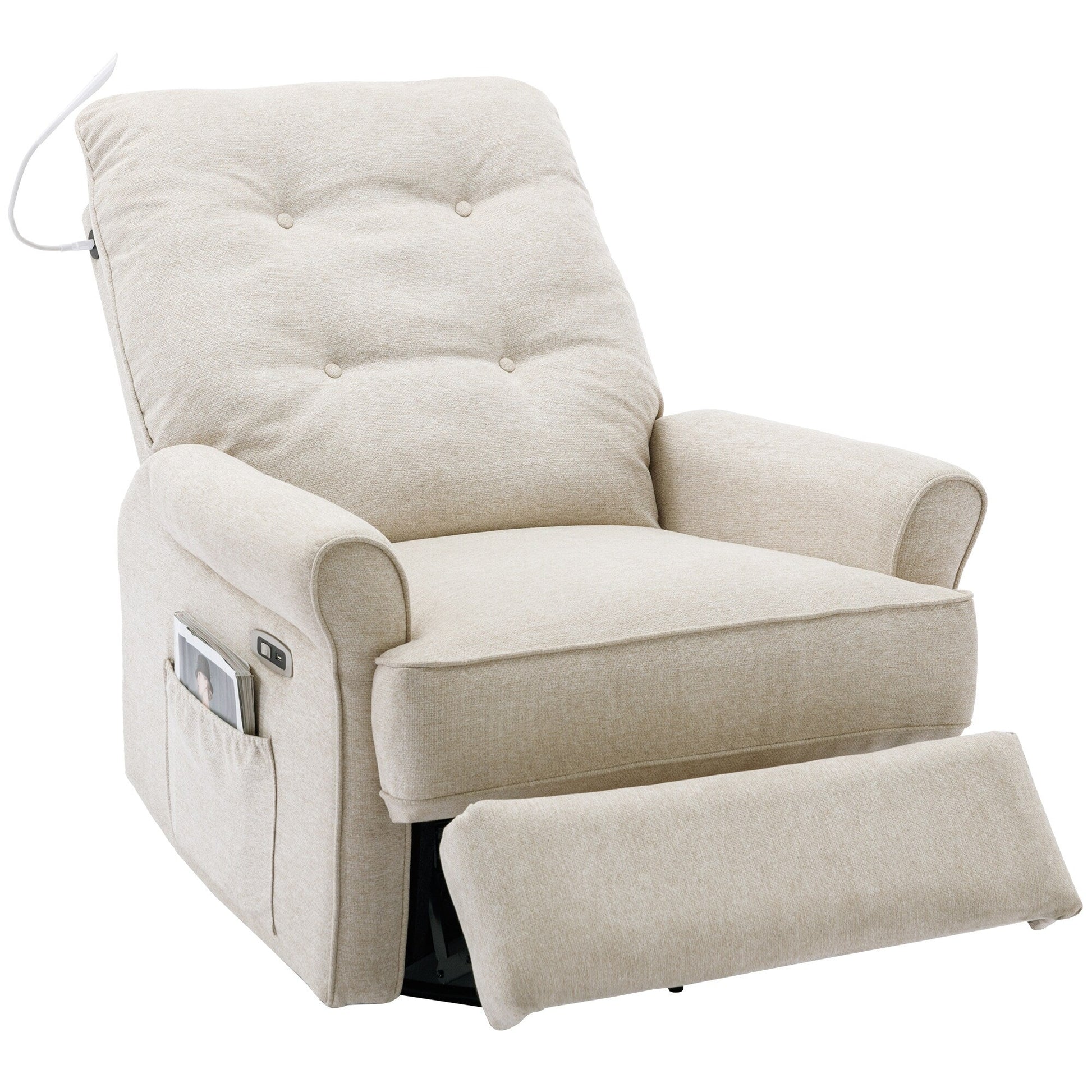 Fauteuil inclinable pivotant à 270° avec ports USB, lampe tactile, rangement latéral et base oscillante.