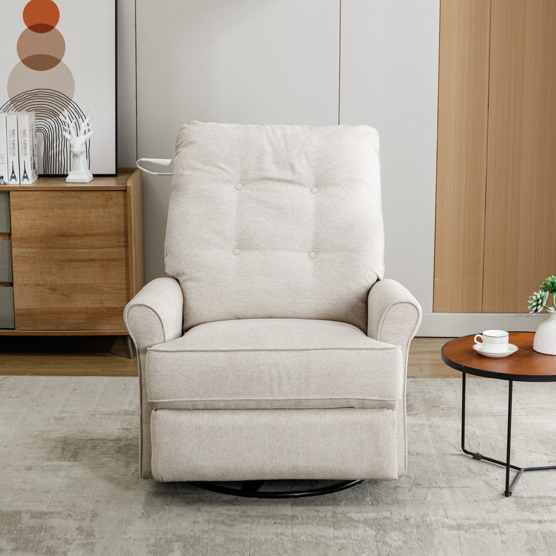 Fauteuil inclinable pivotant à 270° avec ports USB, lampe tactile, rangement latéral et base oscillante.