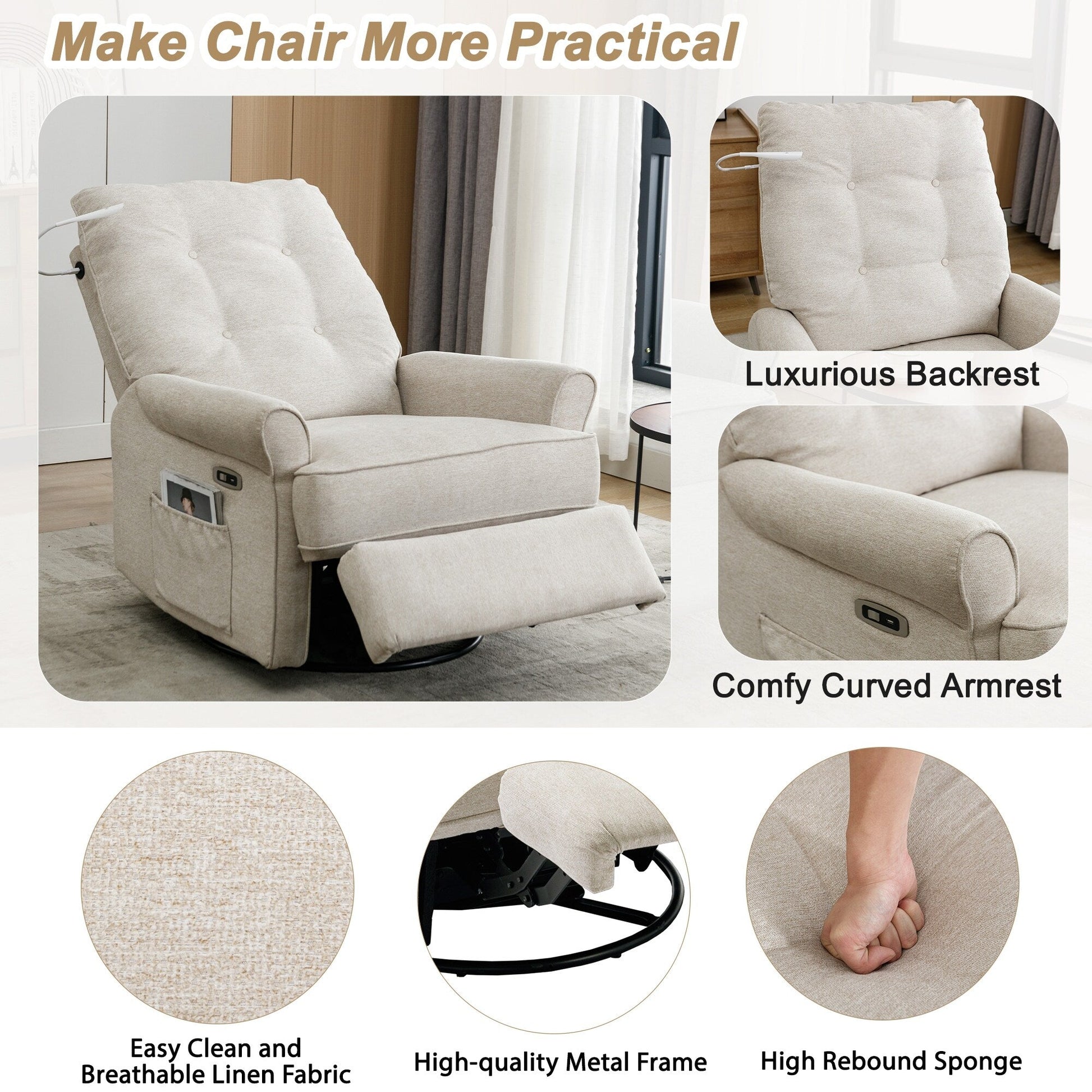 Fauteuil inclinable pivotant à 270° avec ports USB, lampe tactile, rangement latéral et base oscillante.
