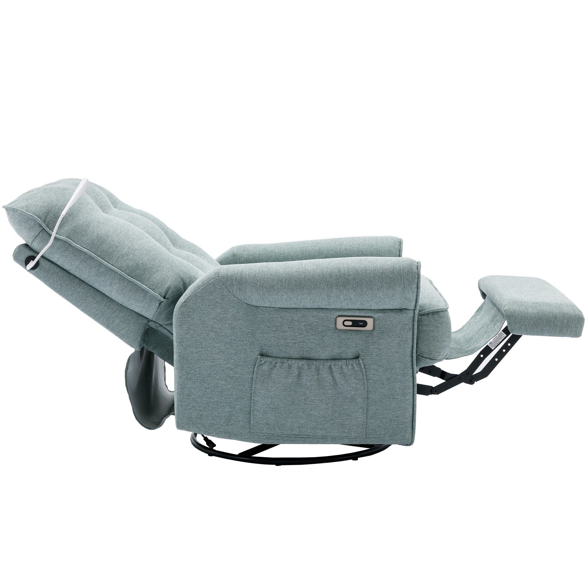 Fauteuil inclinable pivotant à 270° avec ports USB, lampe tactile, rangement latéral et base oscillante.