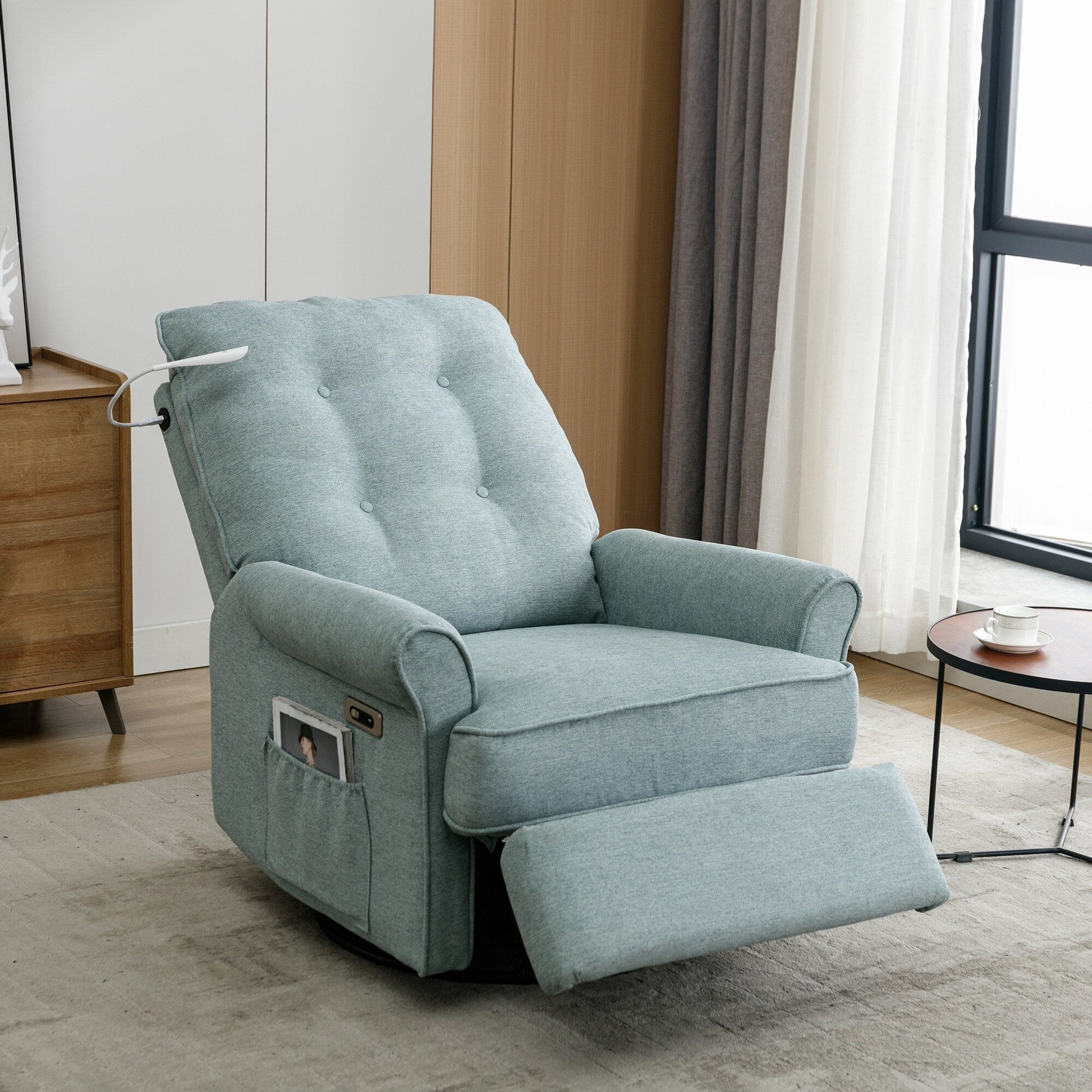 Fauteuil inclinable pivotant à 270° avec ports USB, lampe tactile, rangement latéral et base oscillante.