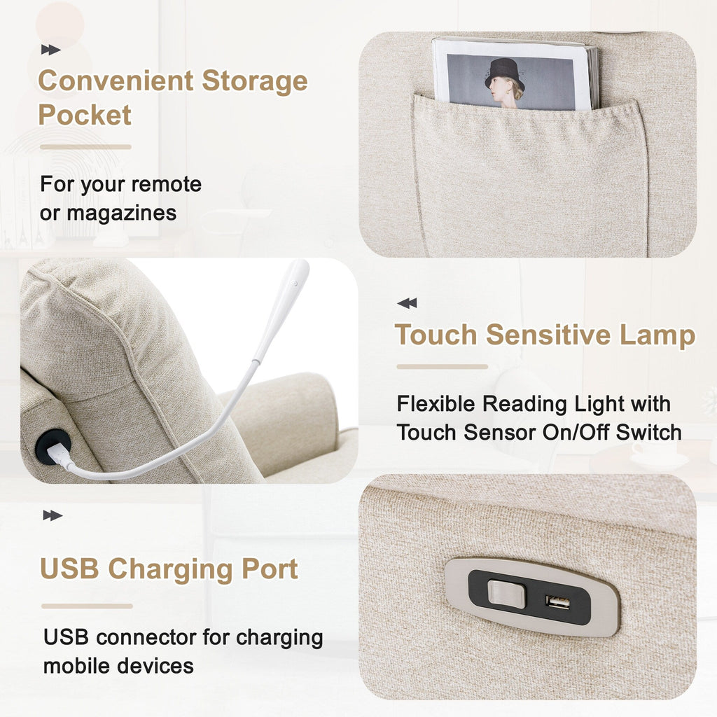 Fauteuil inclinable pivotant à 270° avec ports USB, lampe tactile, rangement latéral et base oscillante.