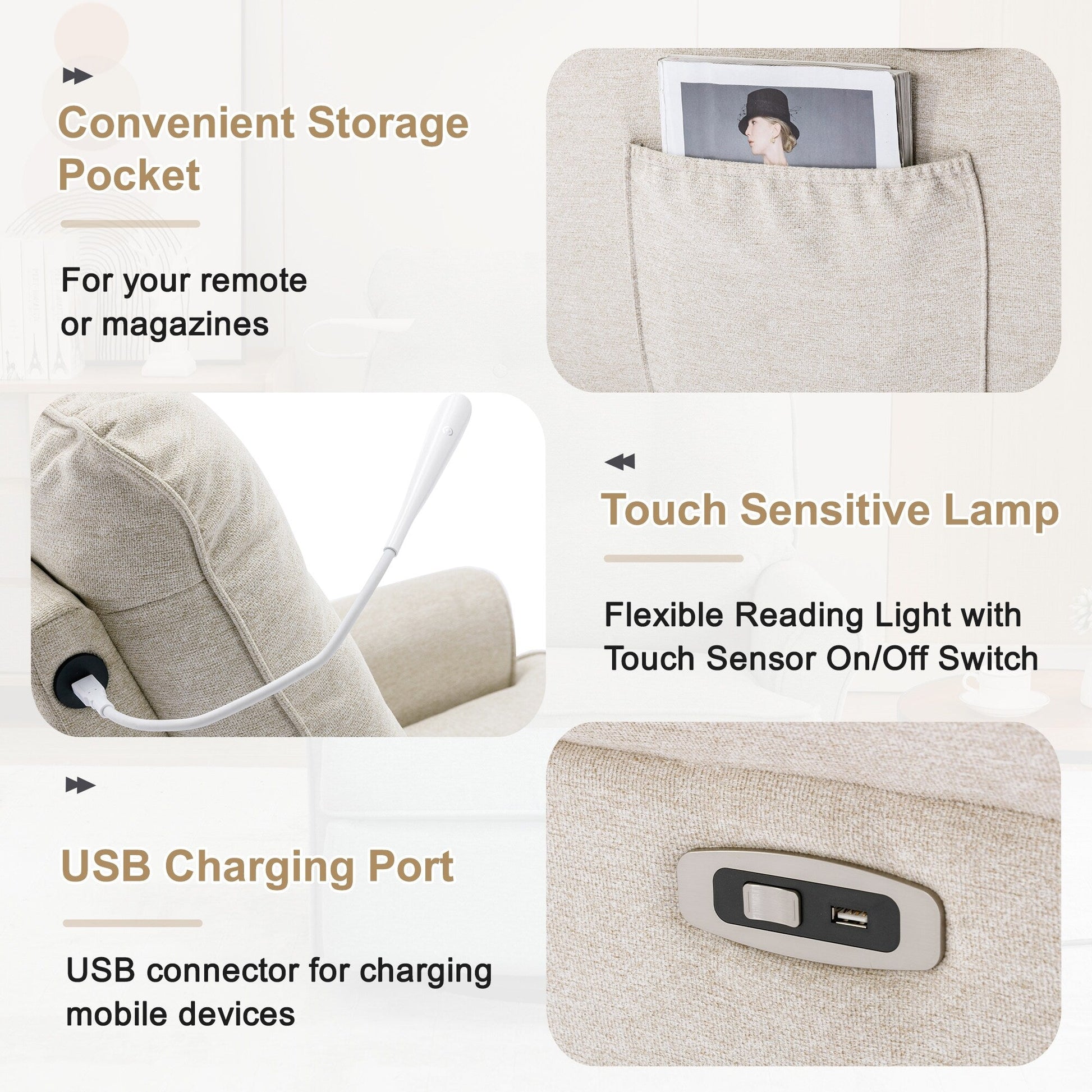 Fauteuil inclinable pivotant à 270° avec ports USB, lampe tactile, rangement latéral et base oscillante.