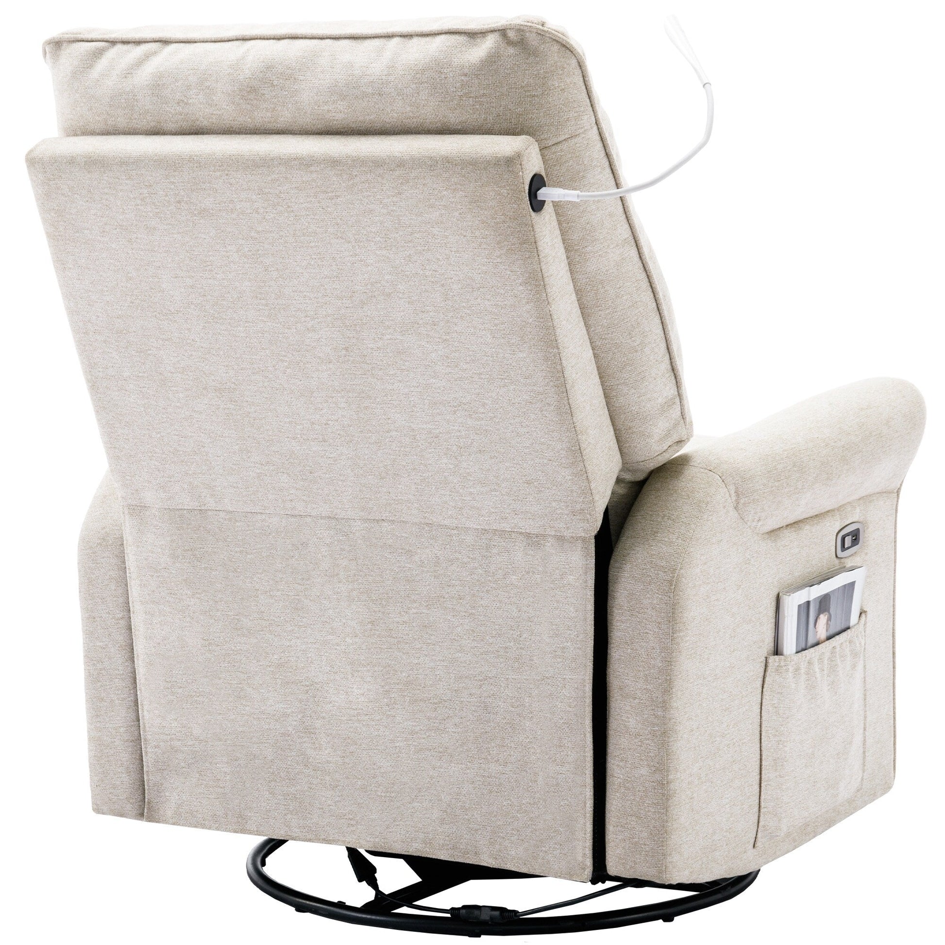 Fauteuil inclinable pivotant à 270° avec ports USB, lampe tactile, rangement latéral et base oscillante.