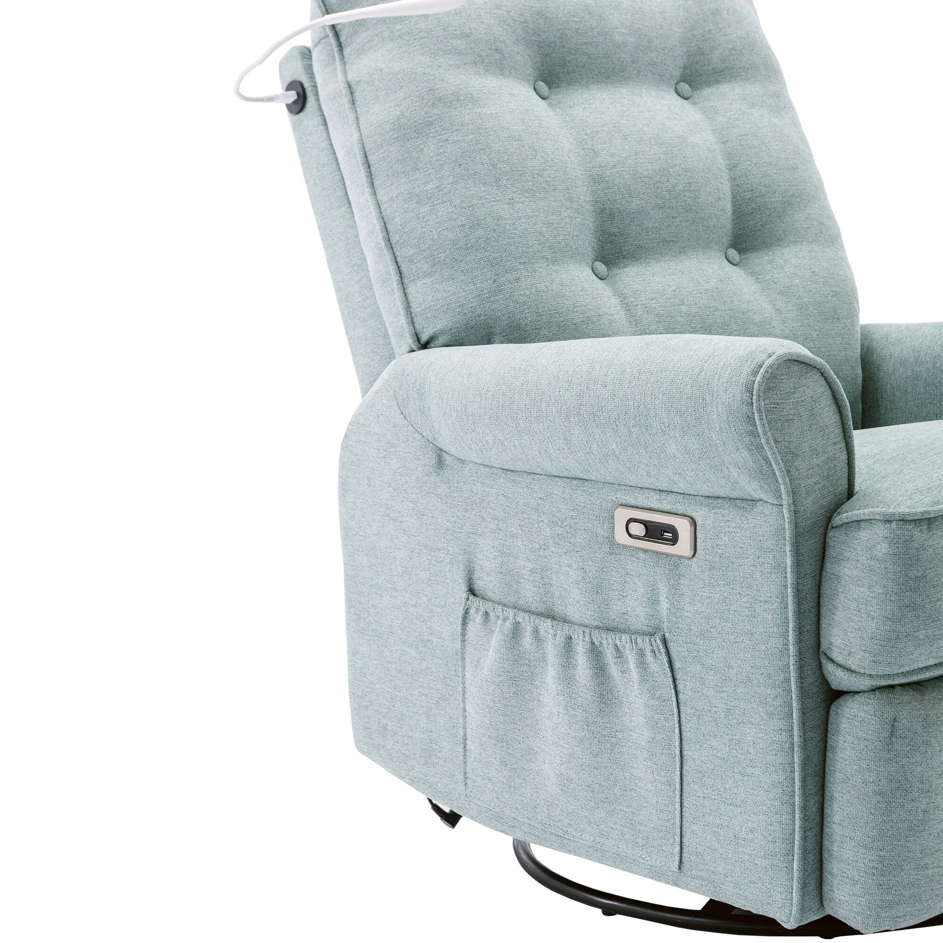 Fauteuil inclinable pivotant à 270° avec ports USB, lampe tactile, rangement latéral et base oscillante.