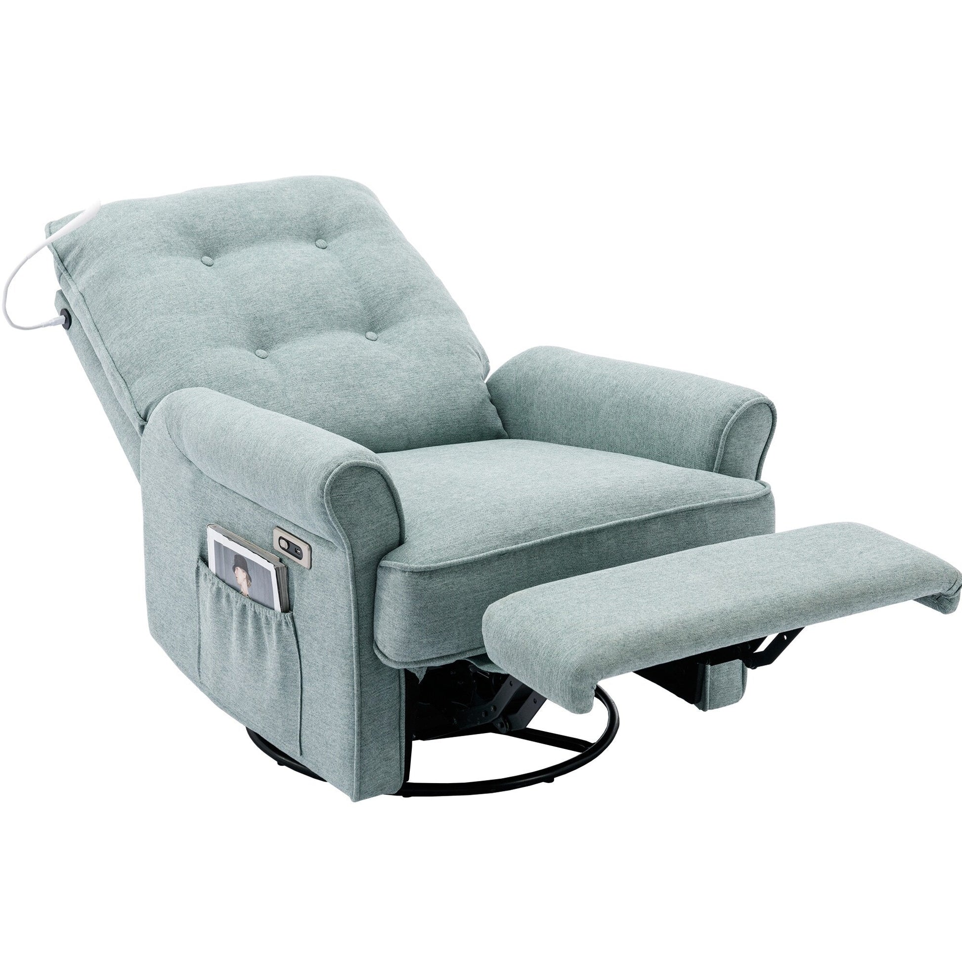 Fauteuil inclinable pivotant à 270° avec ports USB, lampe tactile, rangement latéral et base oscillante.