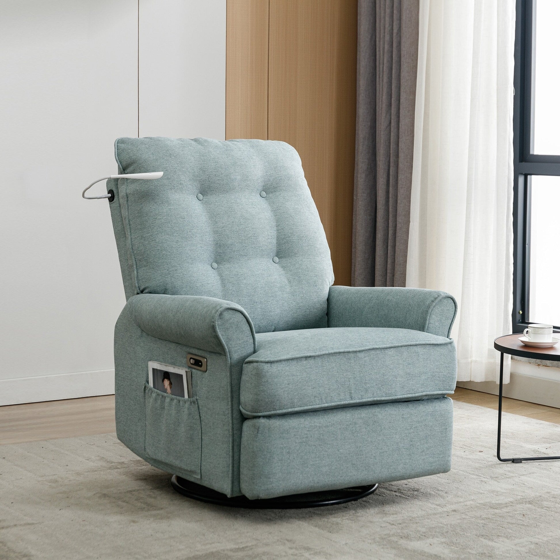 Fauteuil inclinable pivotant à 270° avec ports USB, lampe tactile, rangement latéral et base oscillante.