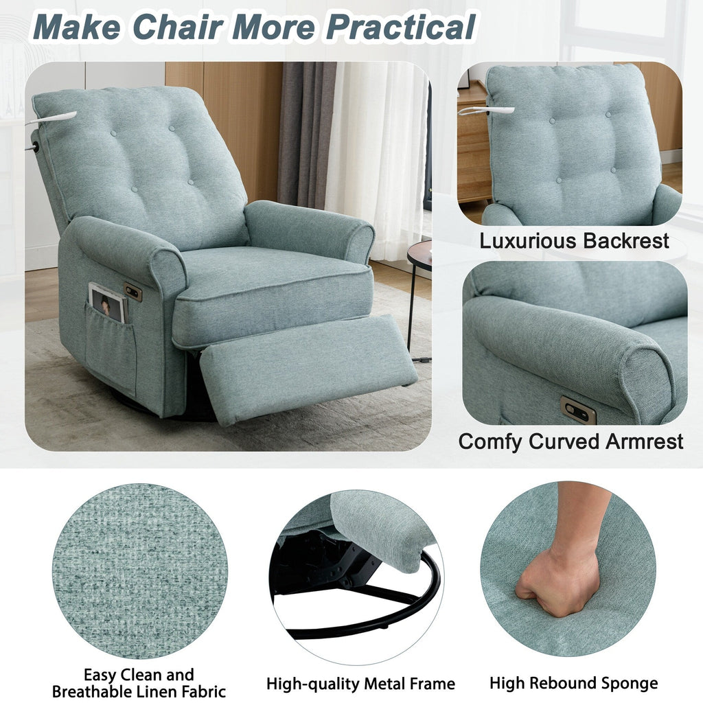 Fauteuil inclinable pivotant à 270° avec ports USB, lampe tactile, rangement latéral et base oscillante.