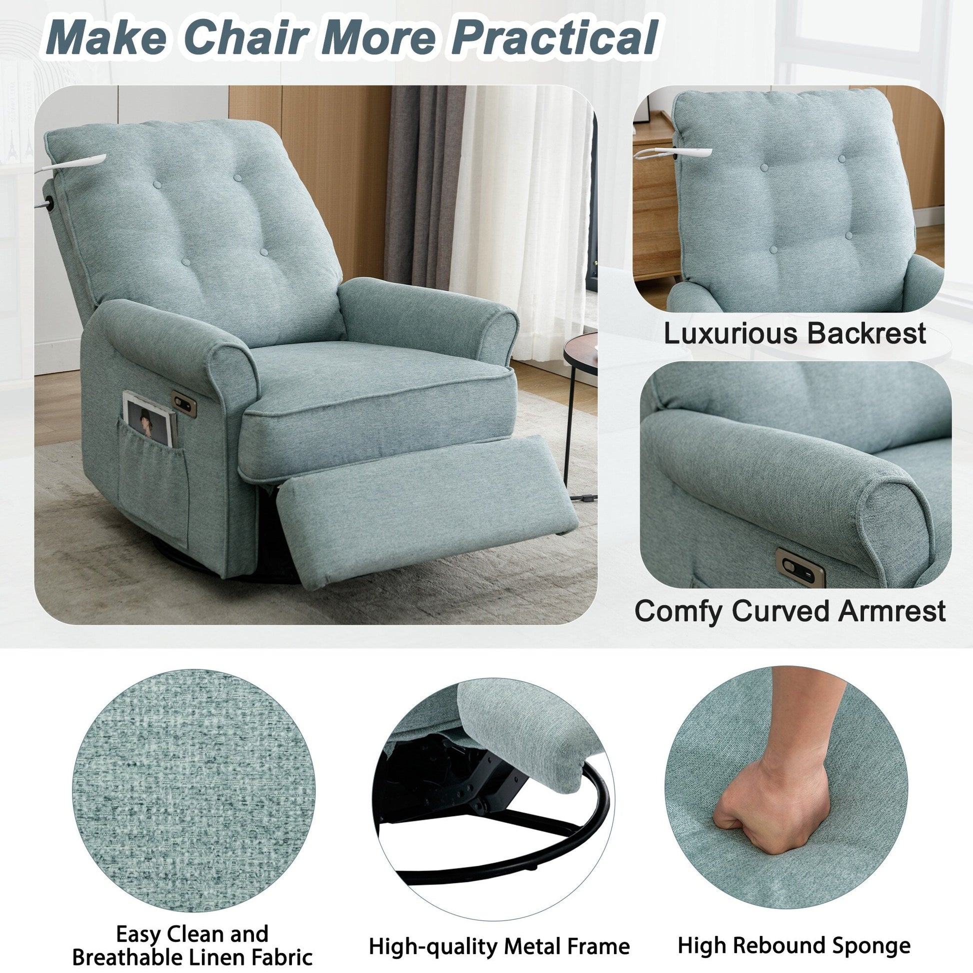 Fauteuil inclinable pivotant à 270° avec ports USB, lampe tactile, rangement latéral et base oscillante.